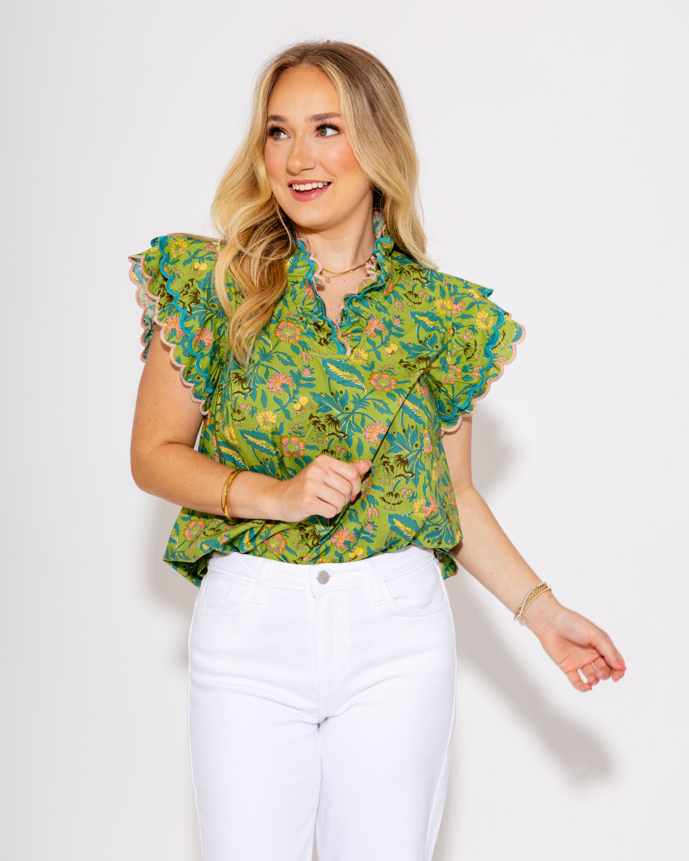 Floral Meadow Ruffle Sleeve Top in Sage