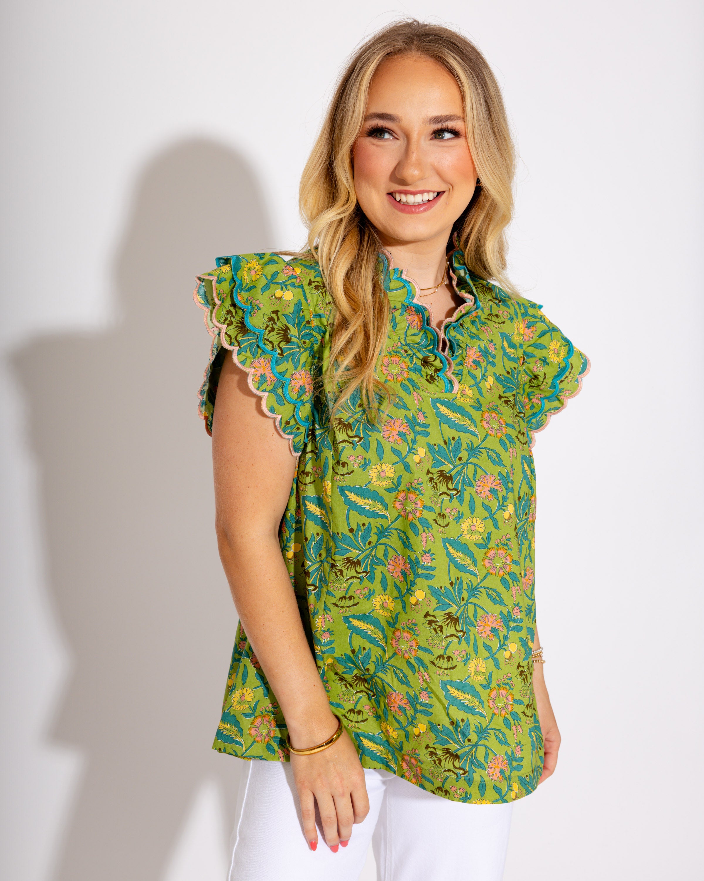 Floral Meadow Ruffle Sleeve Top in Sage