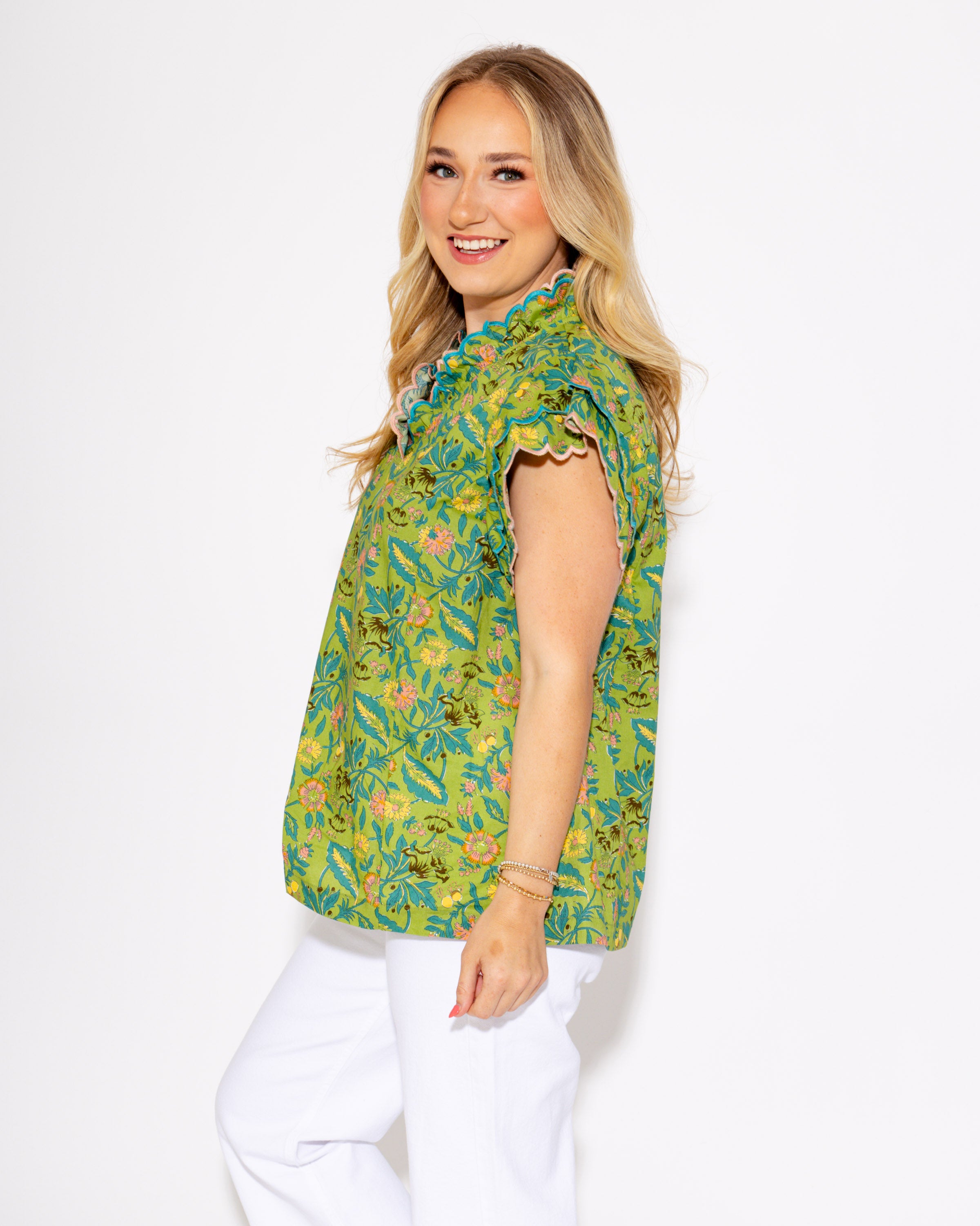 Floral Meadow Ruffle Sleeve Top in Sage