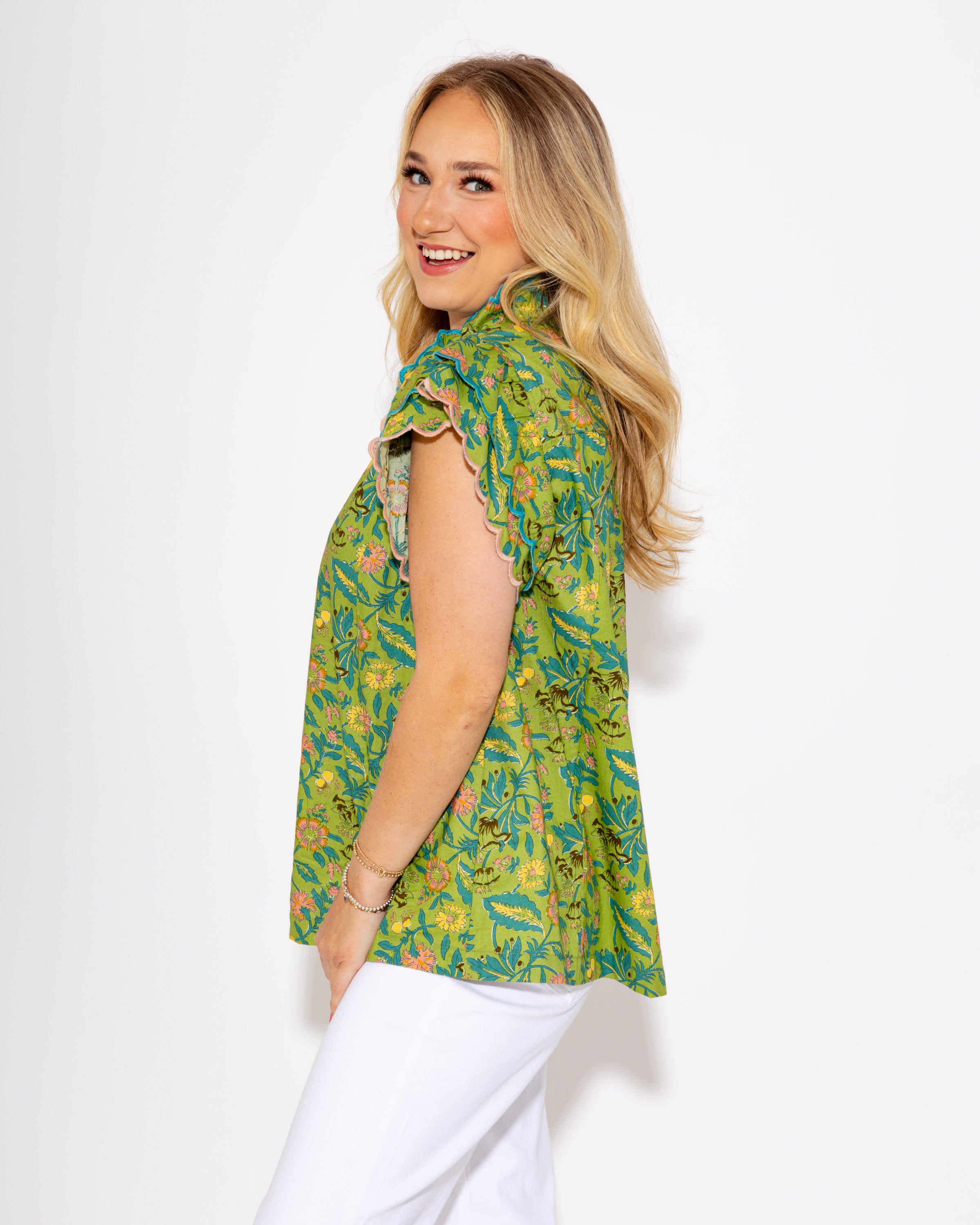 Floral Meadow Ruffle Sleeve Top in Sage
