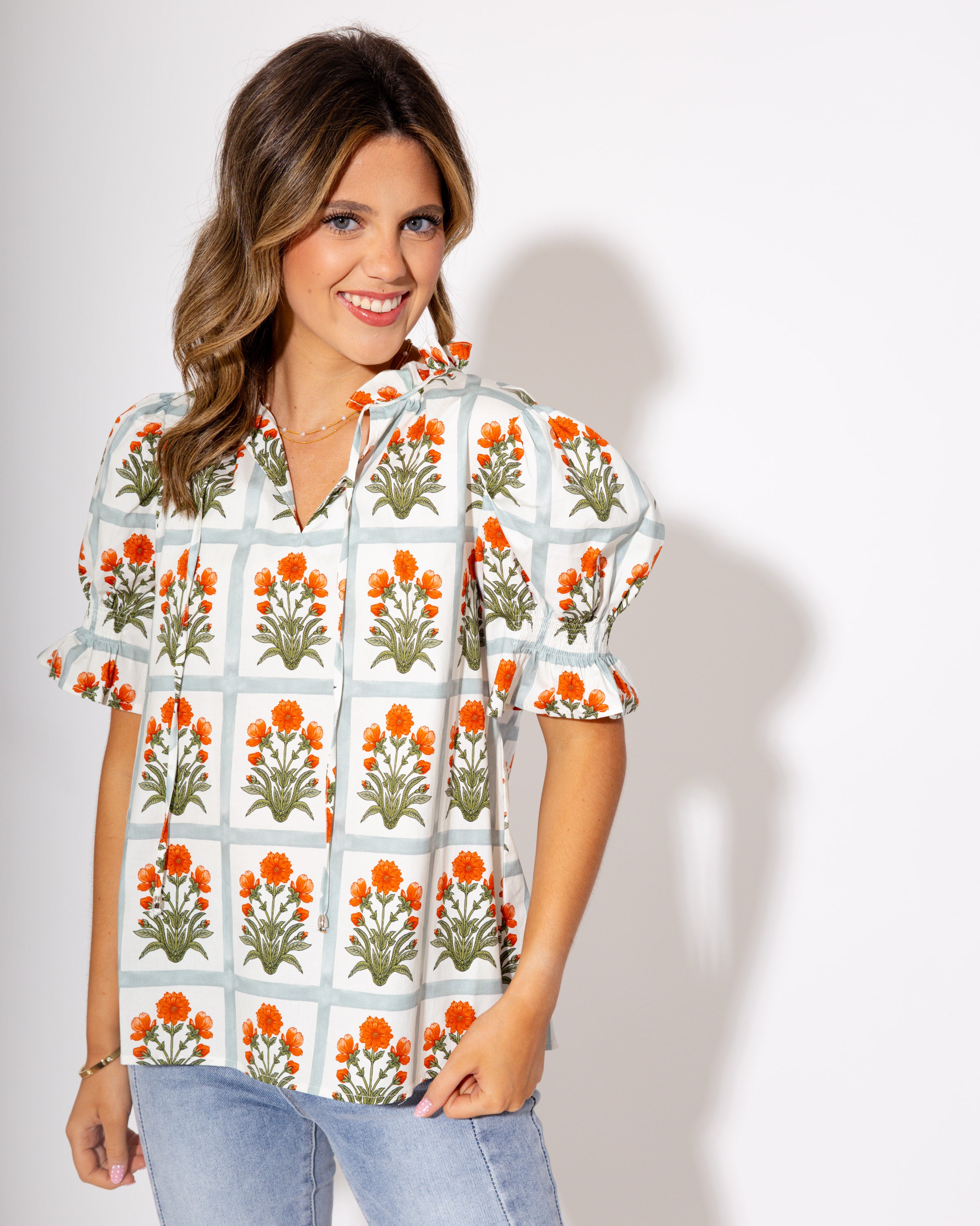 Gingham Garden Glow Top in Orange