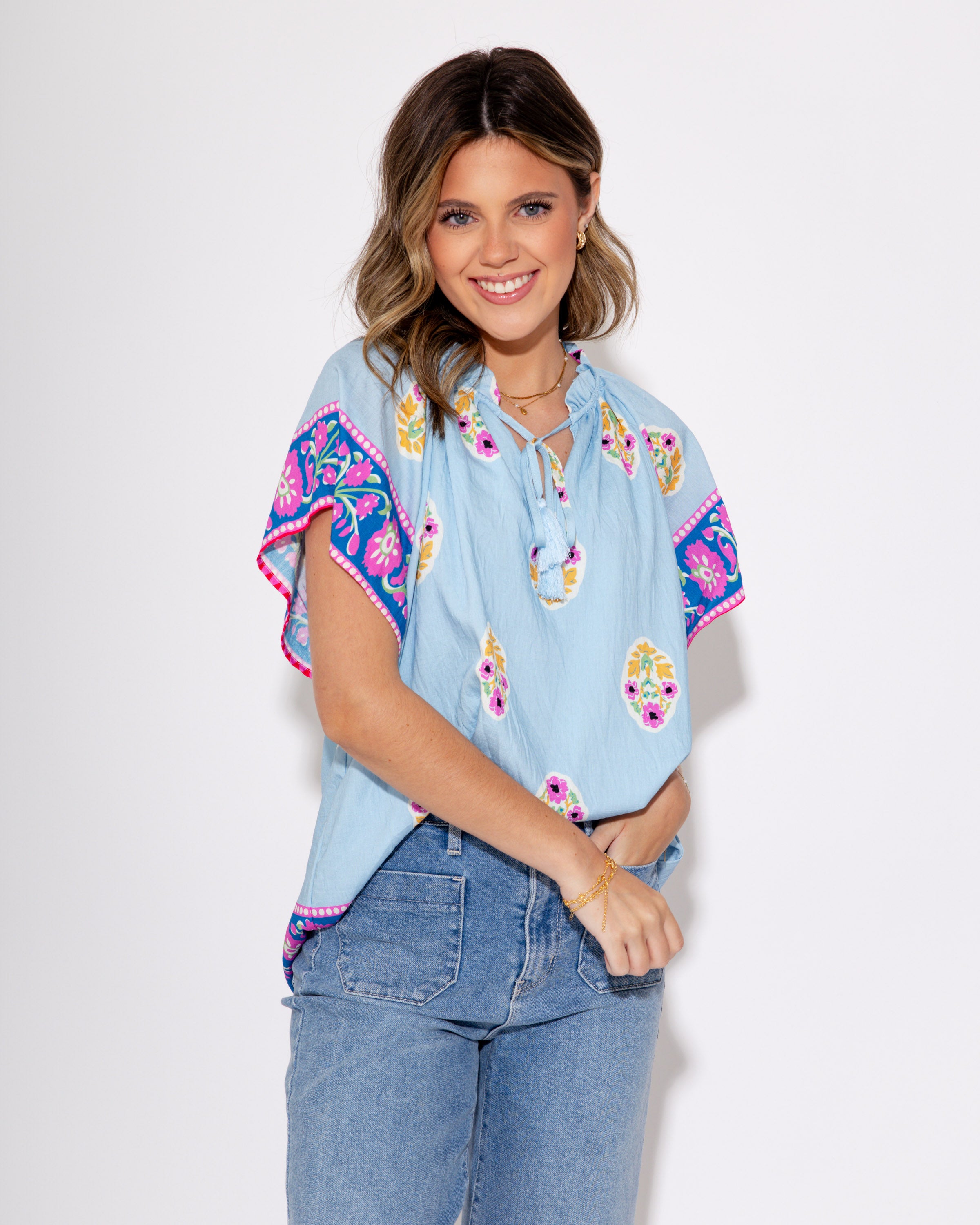 Tassel Trim and Bloom Top in Light Blue