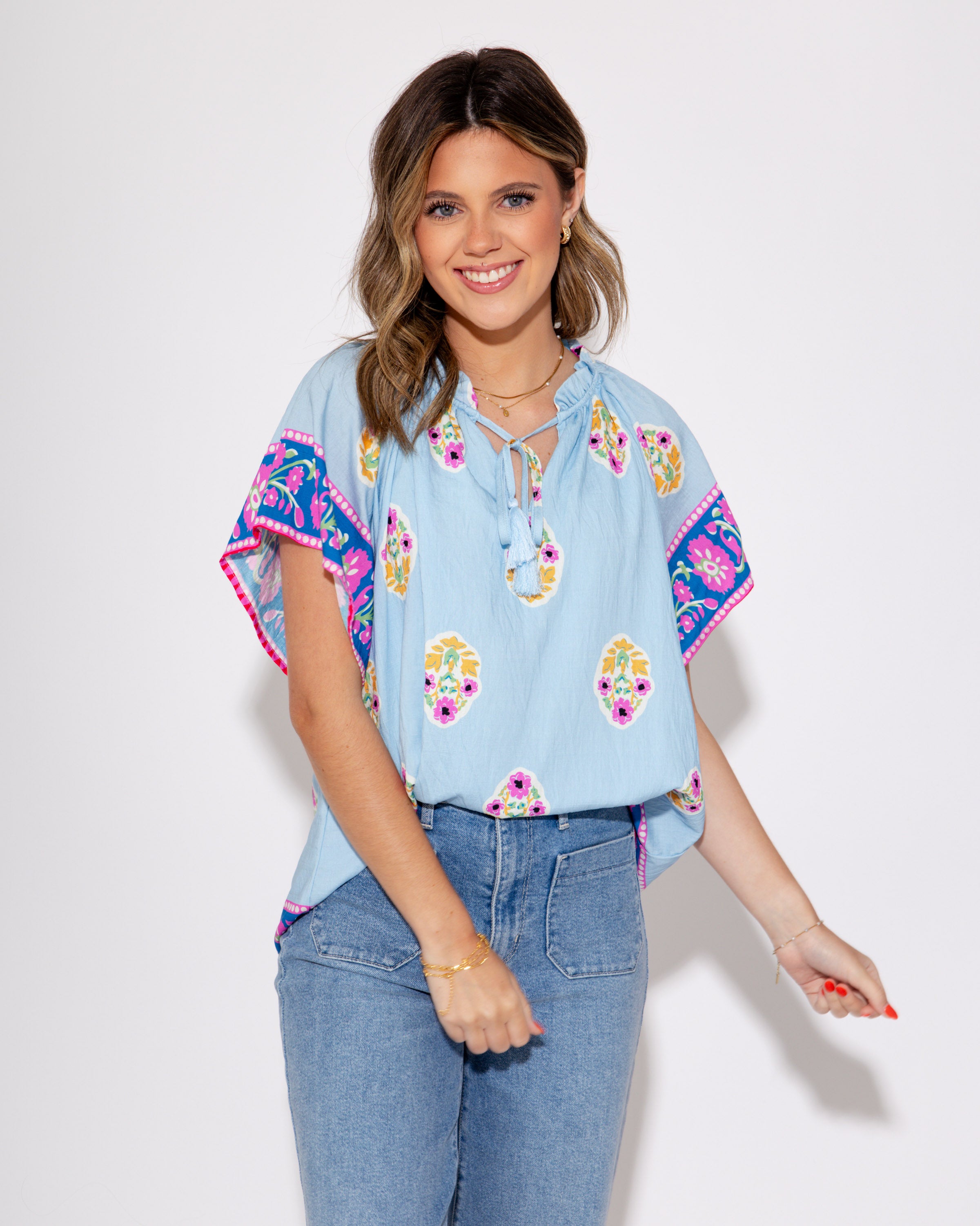 Tassel Trim and Bloom Top in Light Blue
