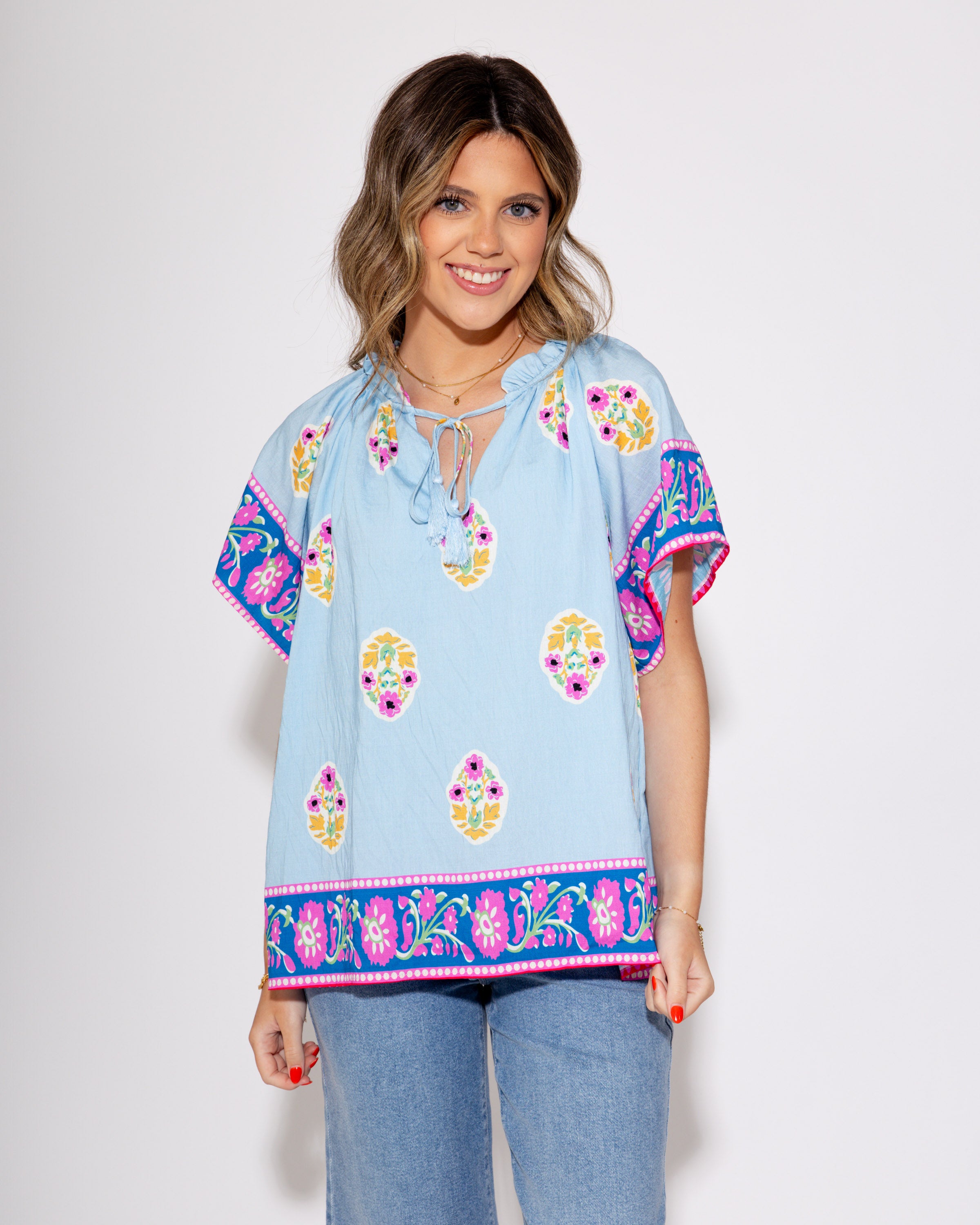 Tassel Trim and Bloom Top in Light Blue