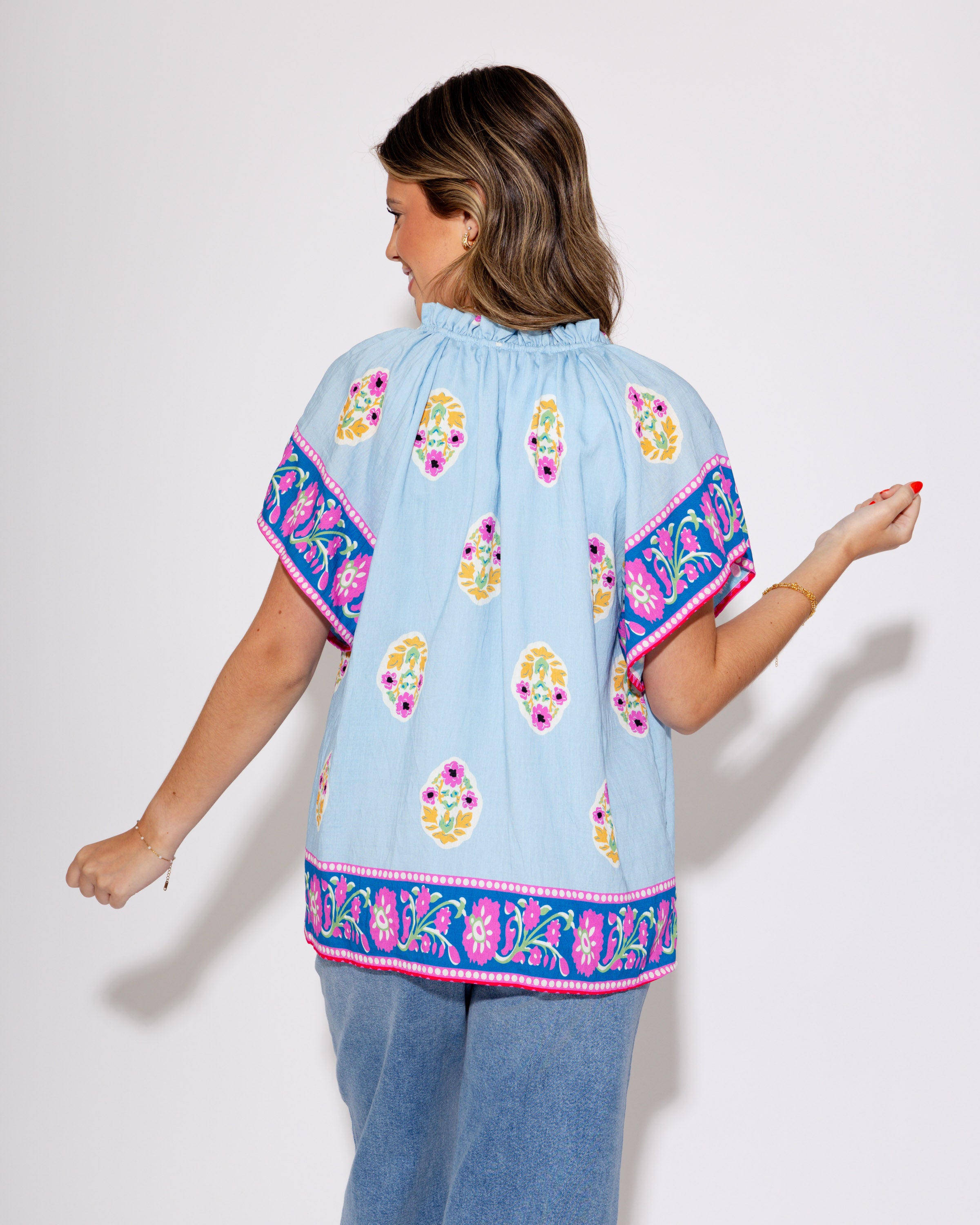 Tassel Trim and Bloom Top in Light Blue