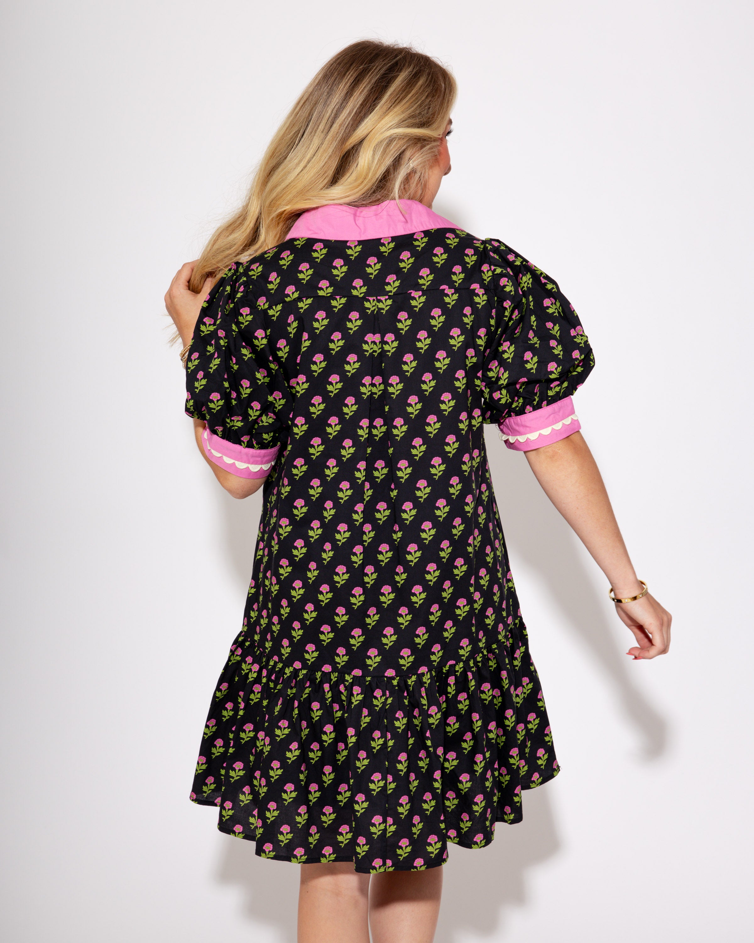 The Floral Flounce Mini Dress in Black