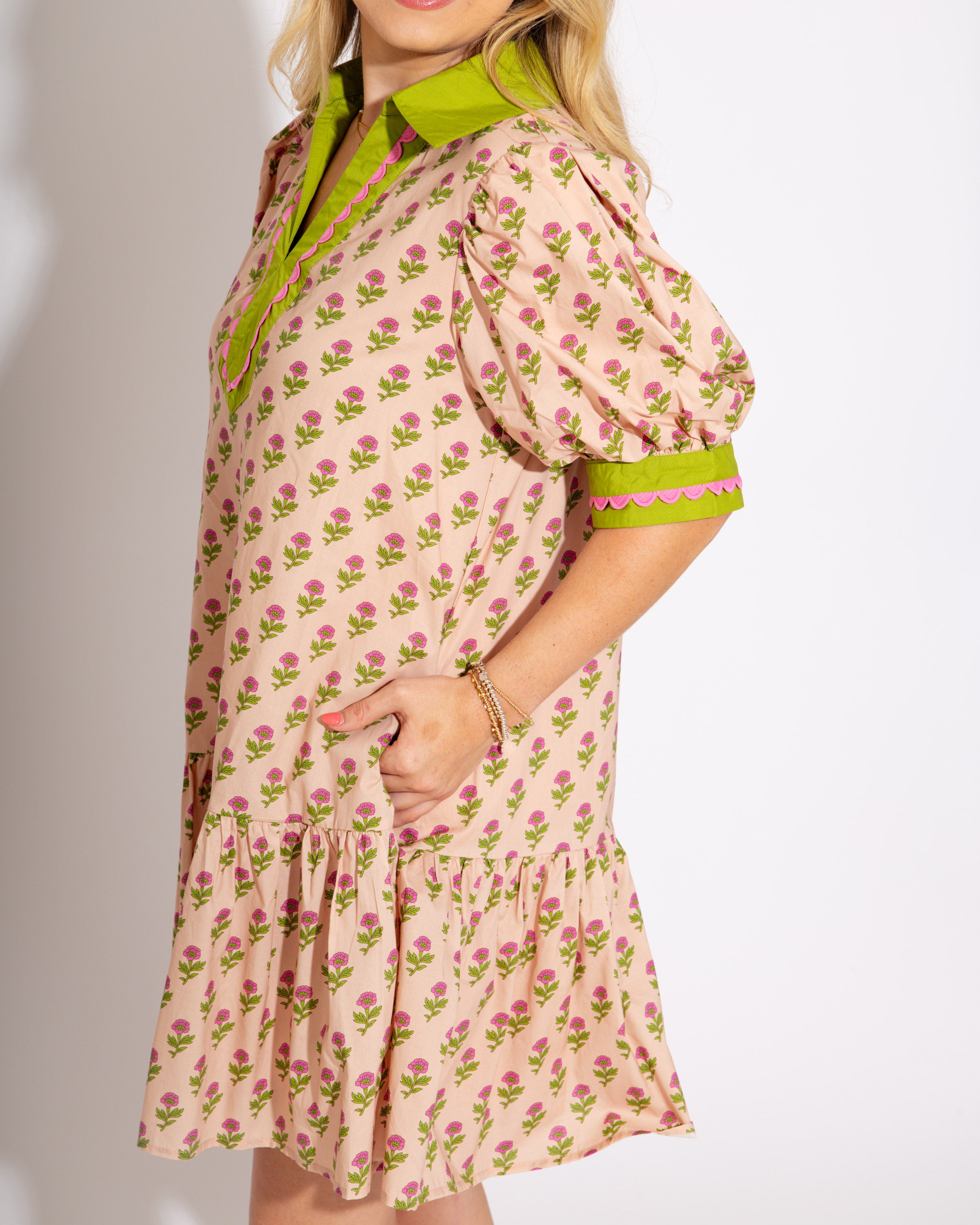 The Floral Flounce Mini Dress in Ecru