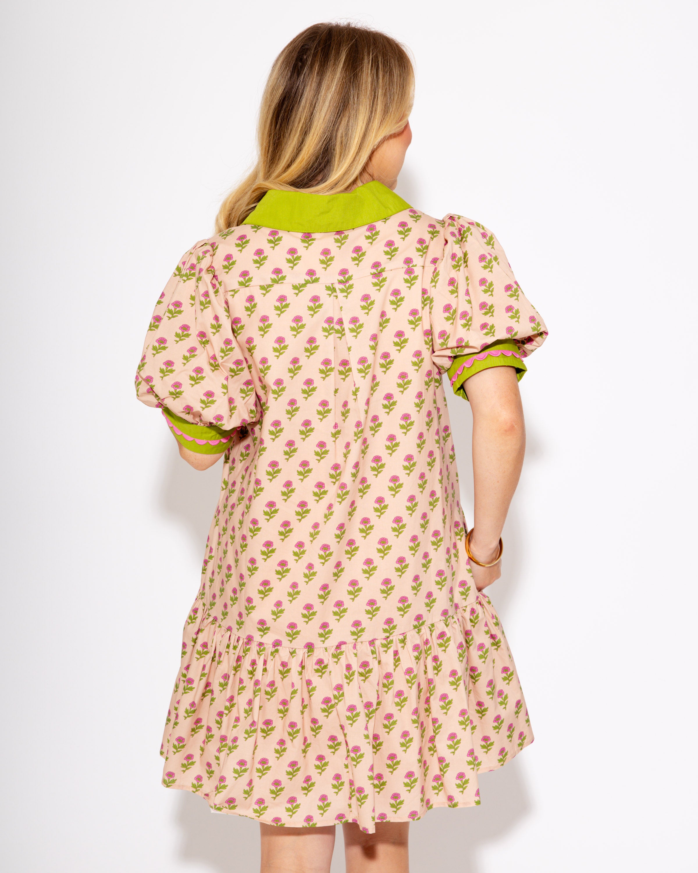 The Floral Flounce Mini Dress in Ecru