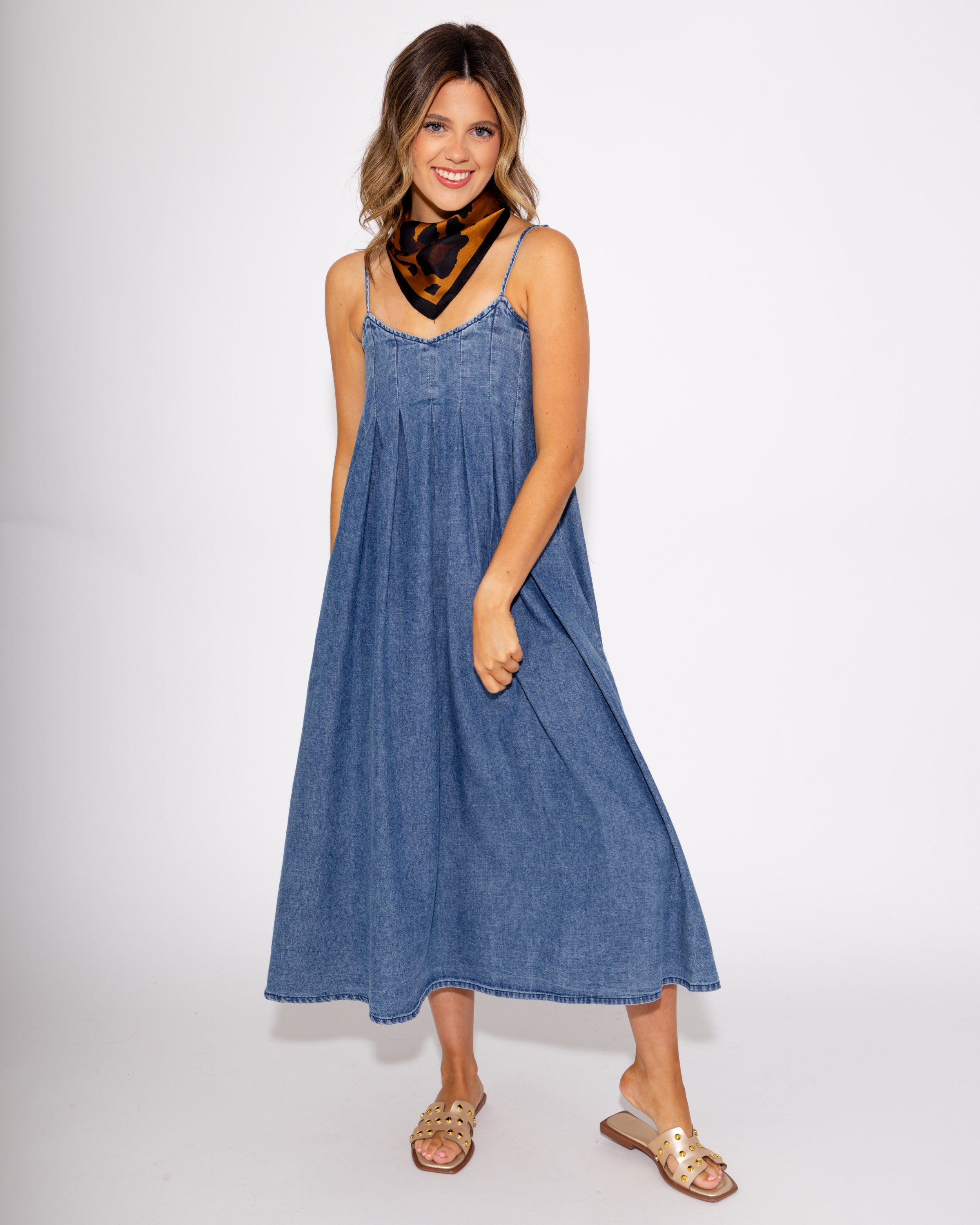 Darling Denim Pleated Midi Dress