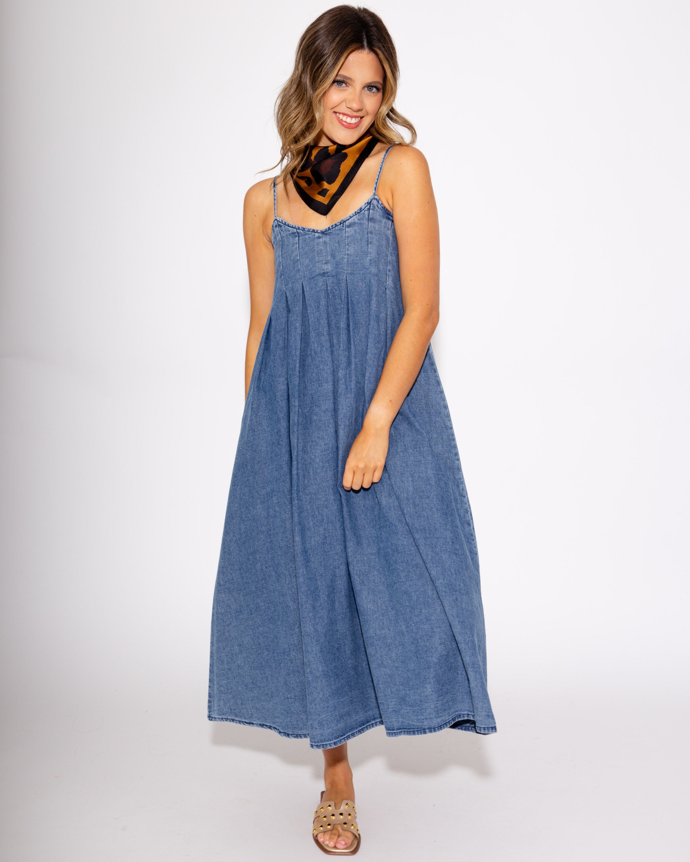 Darling Denim Pleated Midi Dress