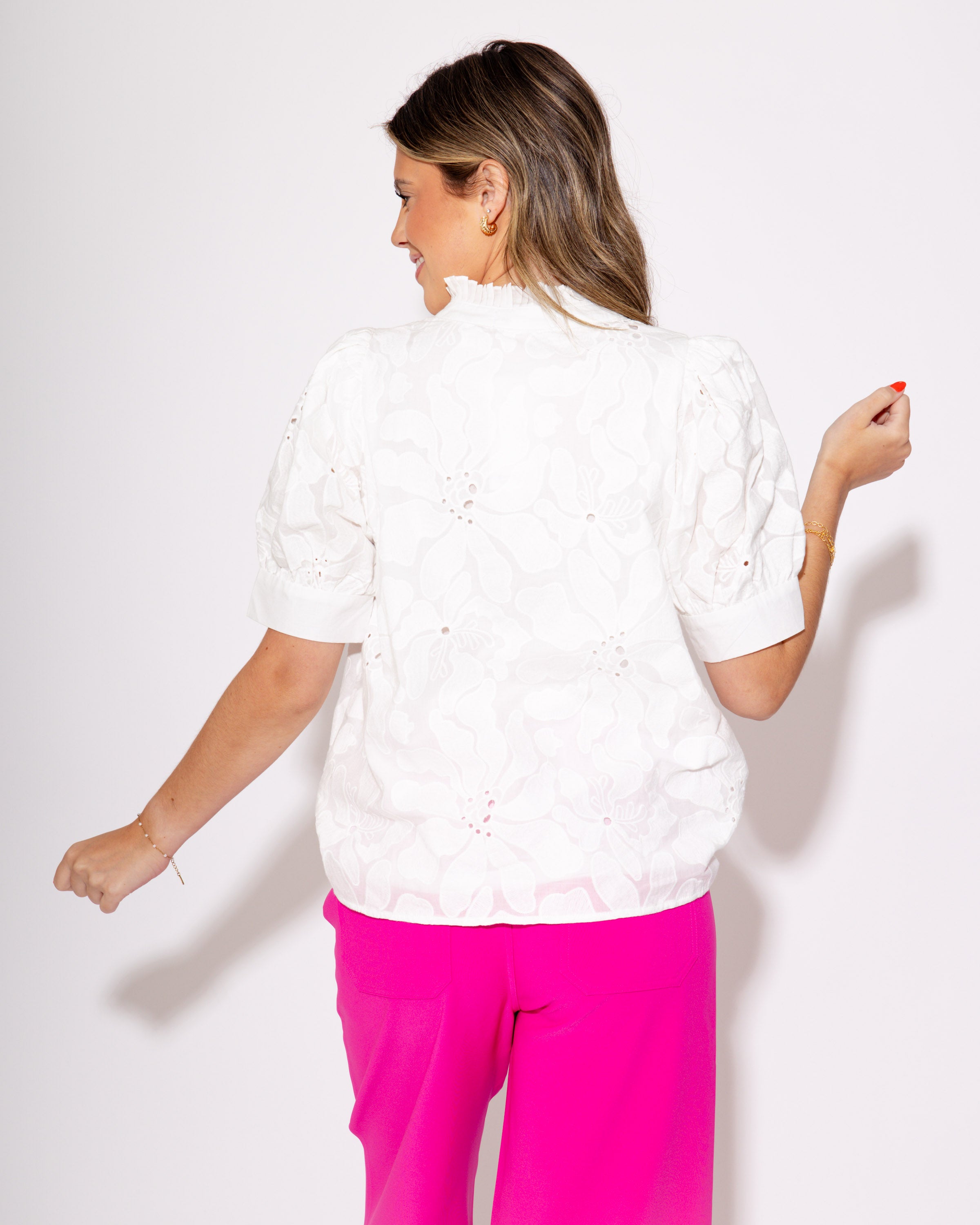 White Floral Embrace Split Neck Puff Sleeve Top
