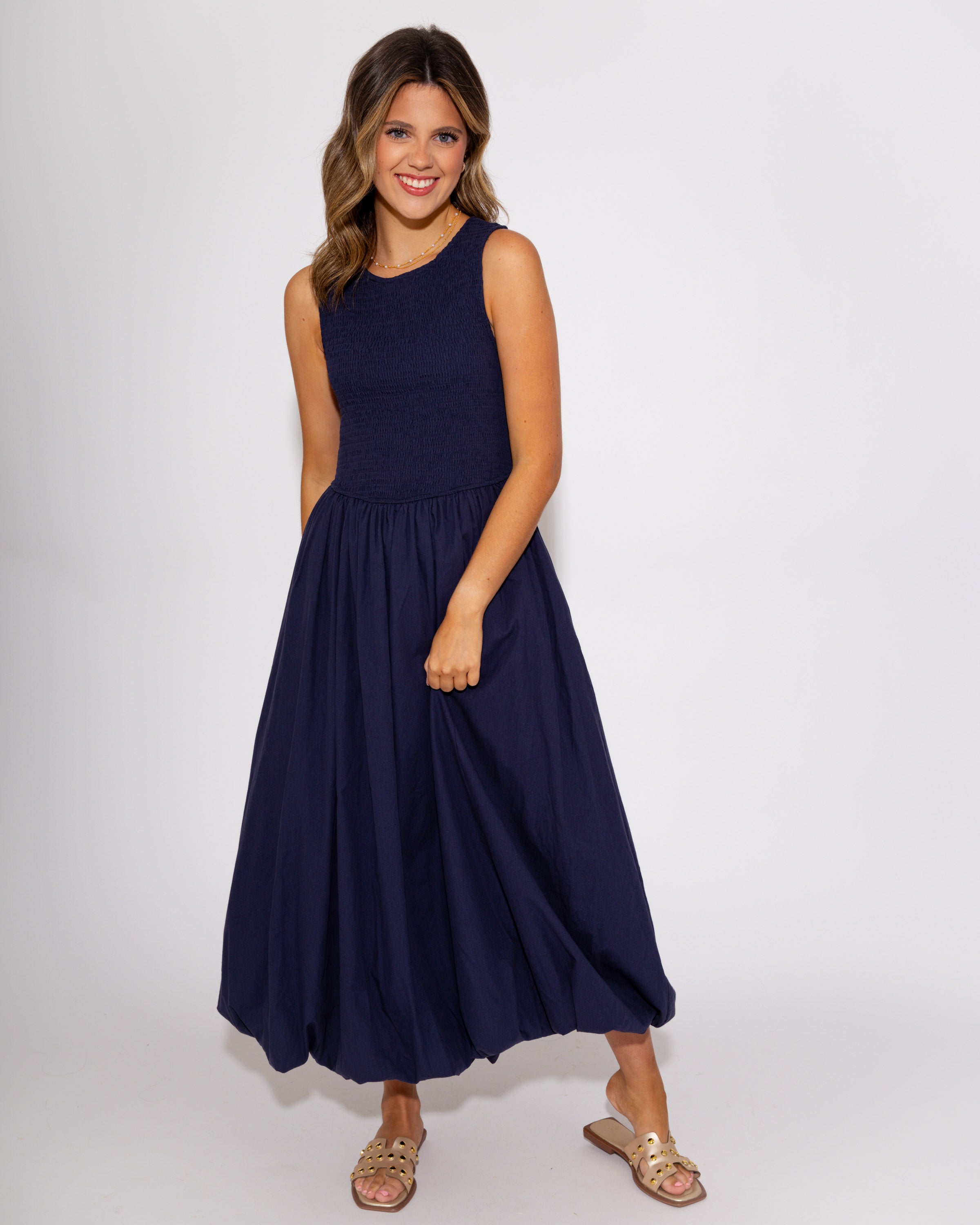 Bubble Dress Dreams Midi in Navy