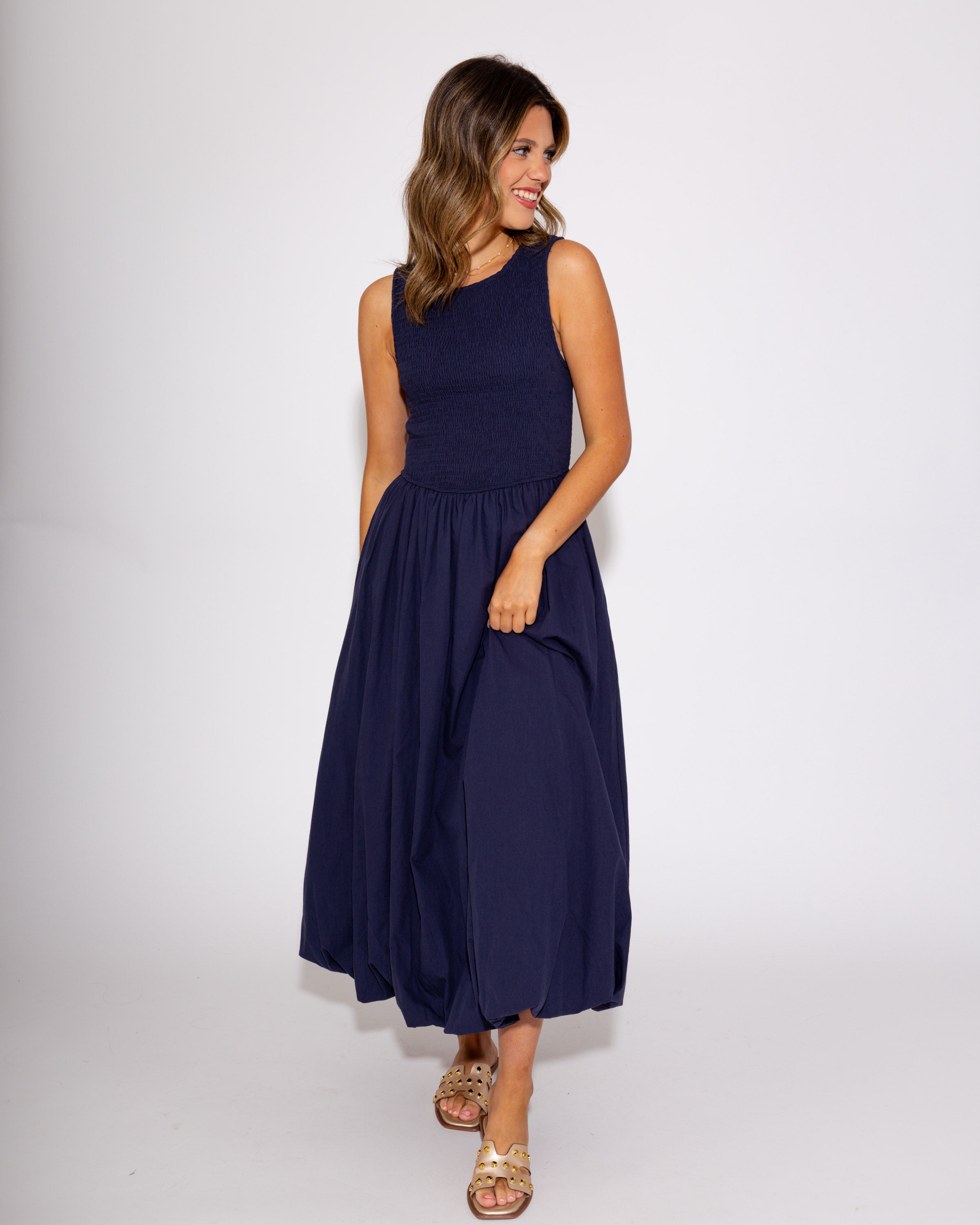 Bubble Dress Dreams Midi in Navy