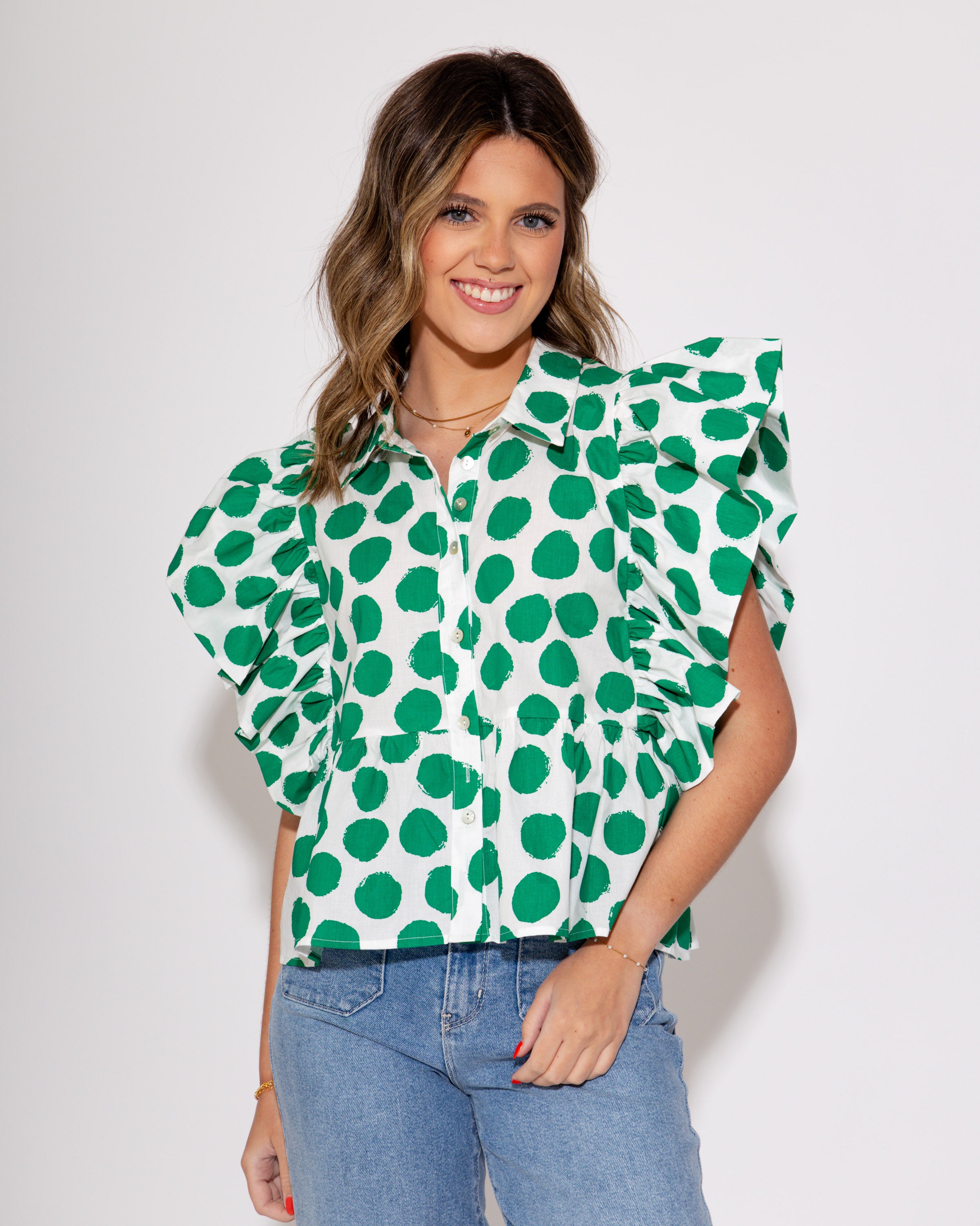 Green Peplum Polkadot Puff Sleeve Top