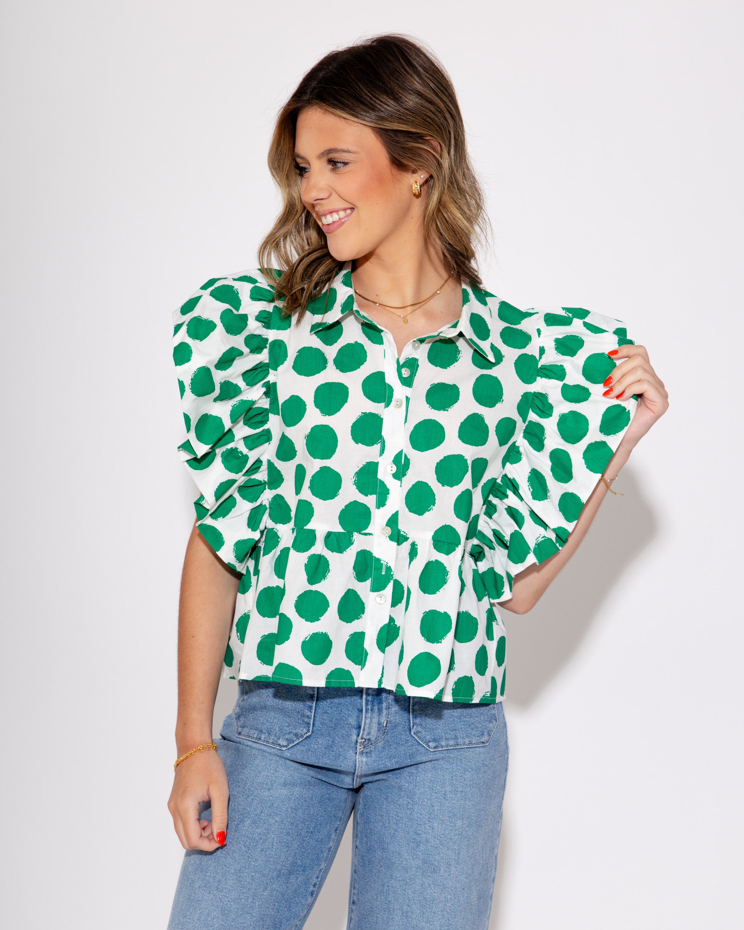 Green Peplum Polkadot Puff Sleeve Top
