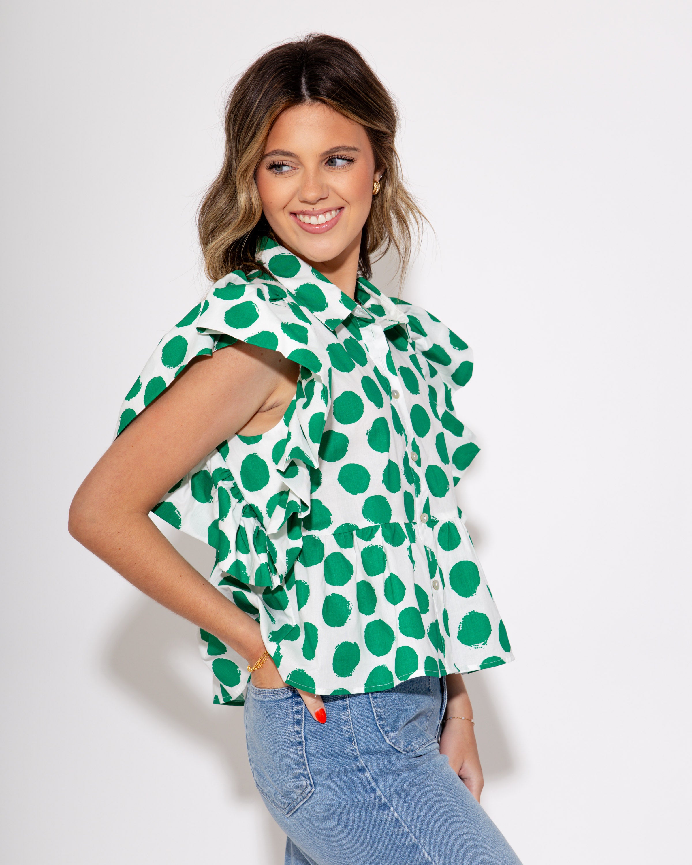 Green Peplum Polkadot Puff Sleeve Top