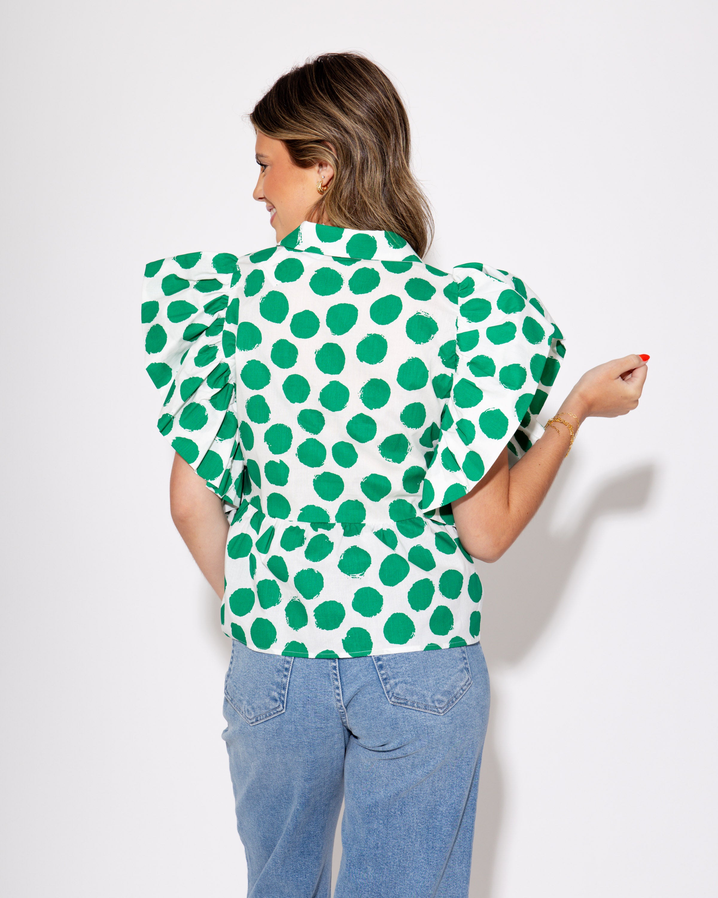 Green Peplum Polkadot Puff Sleeve Top