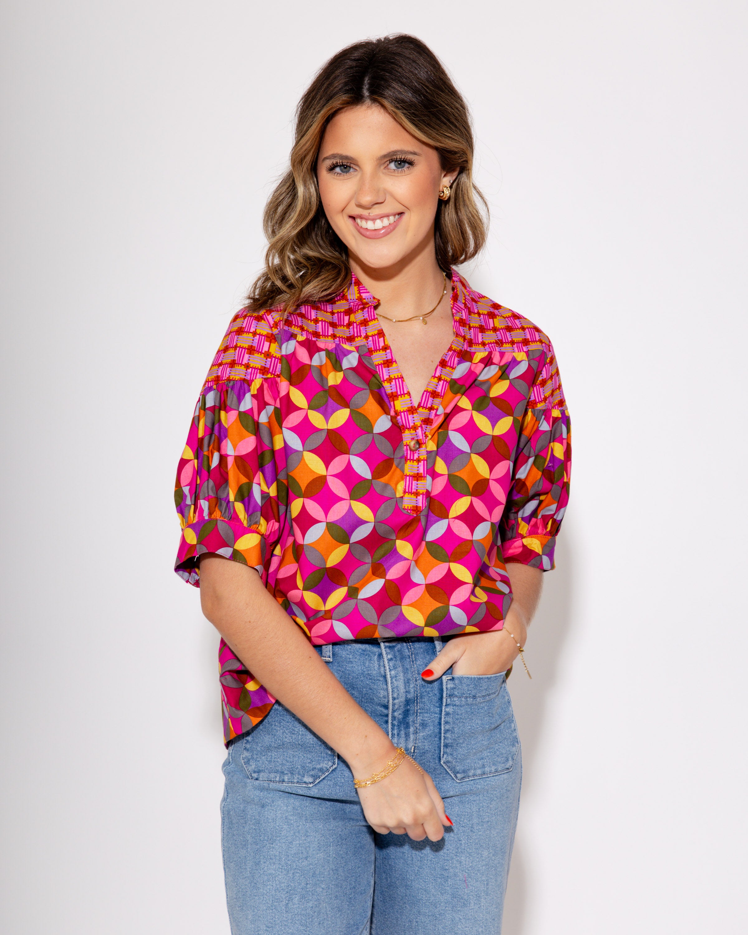 Ivy Jane I Magenta Mosaic Popover Top