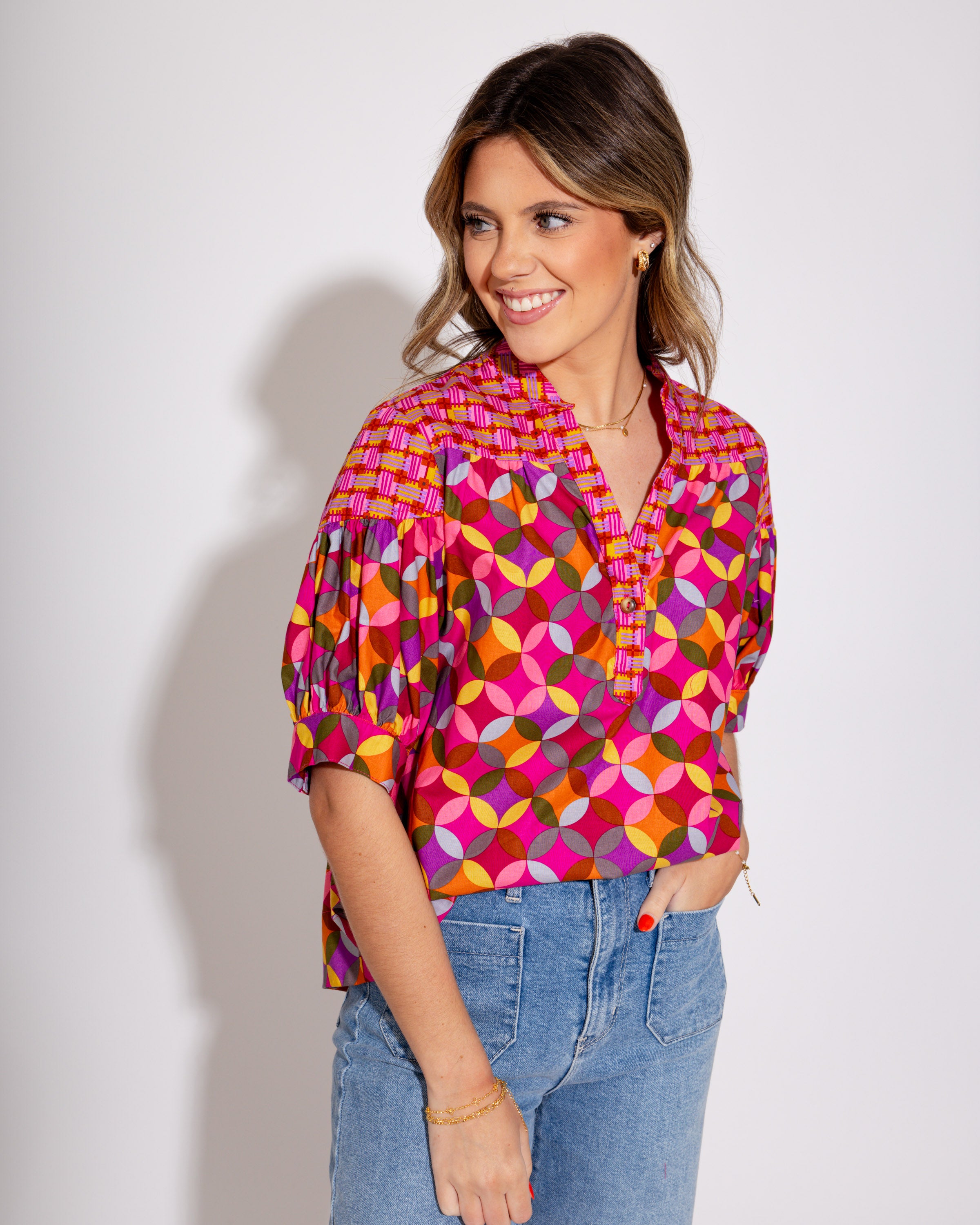 Ivy Jane I Magenta Mosaic Popover Top