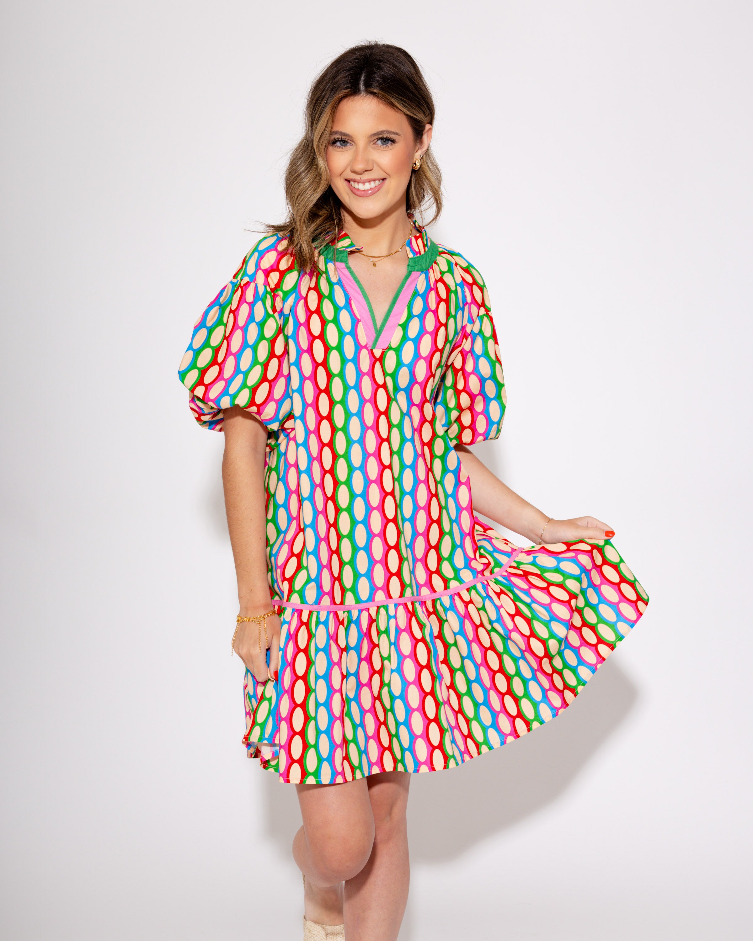 Red Frill Collared Bubble Sleeve Print Dress