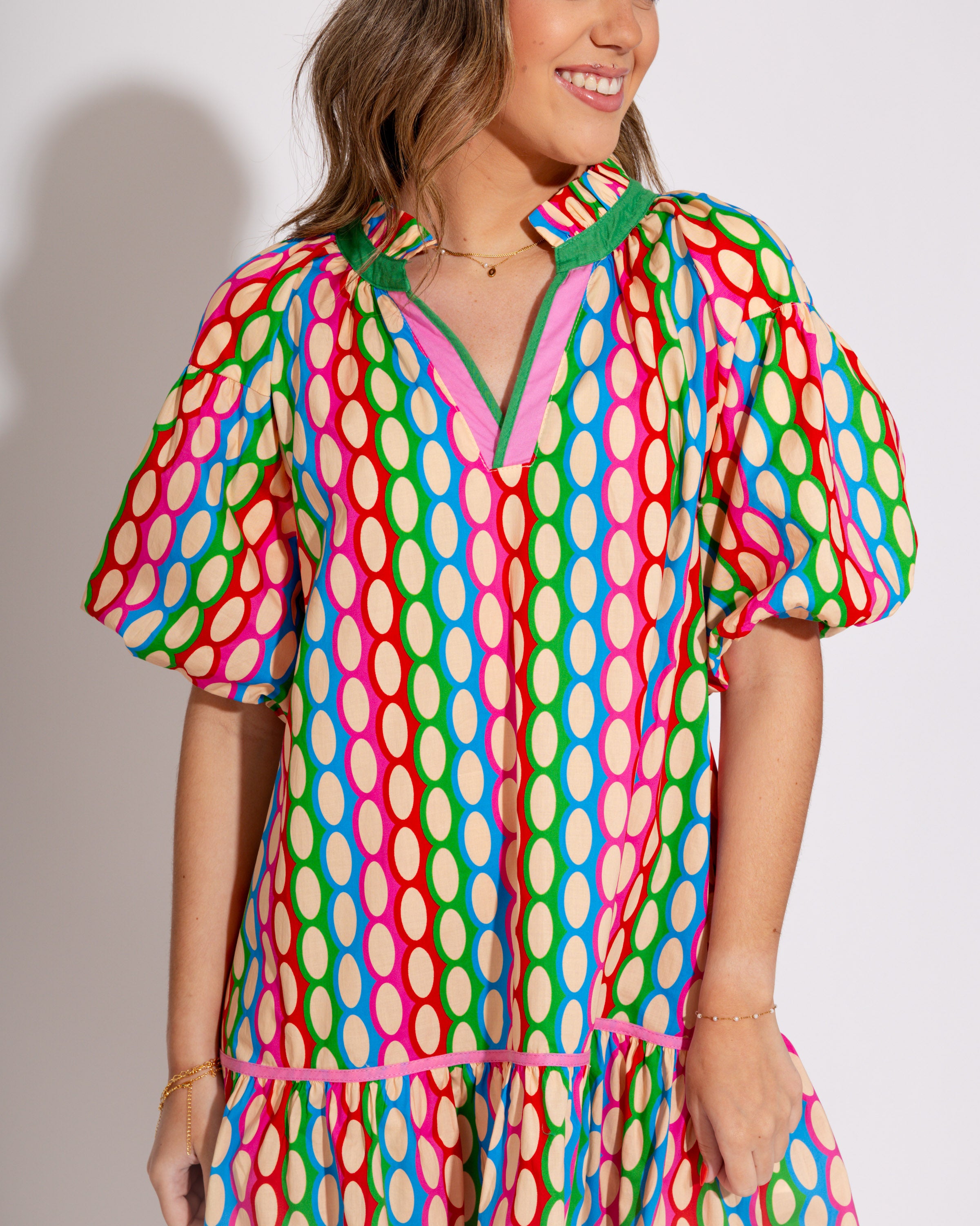 Red Frill Collared Bubble Sleeve Print Dress