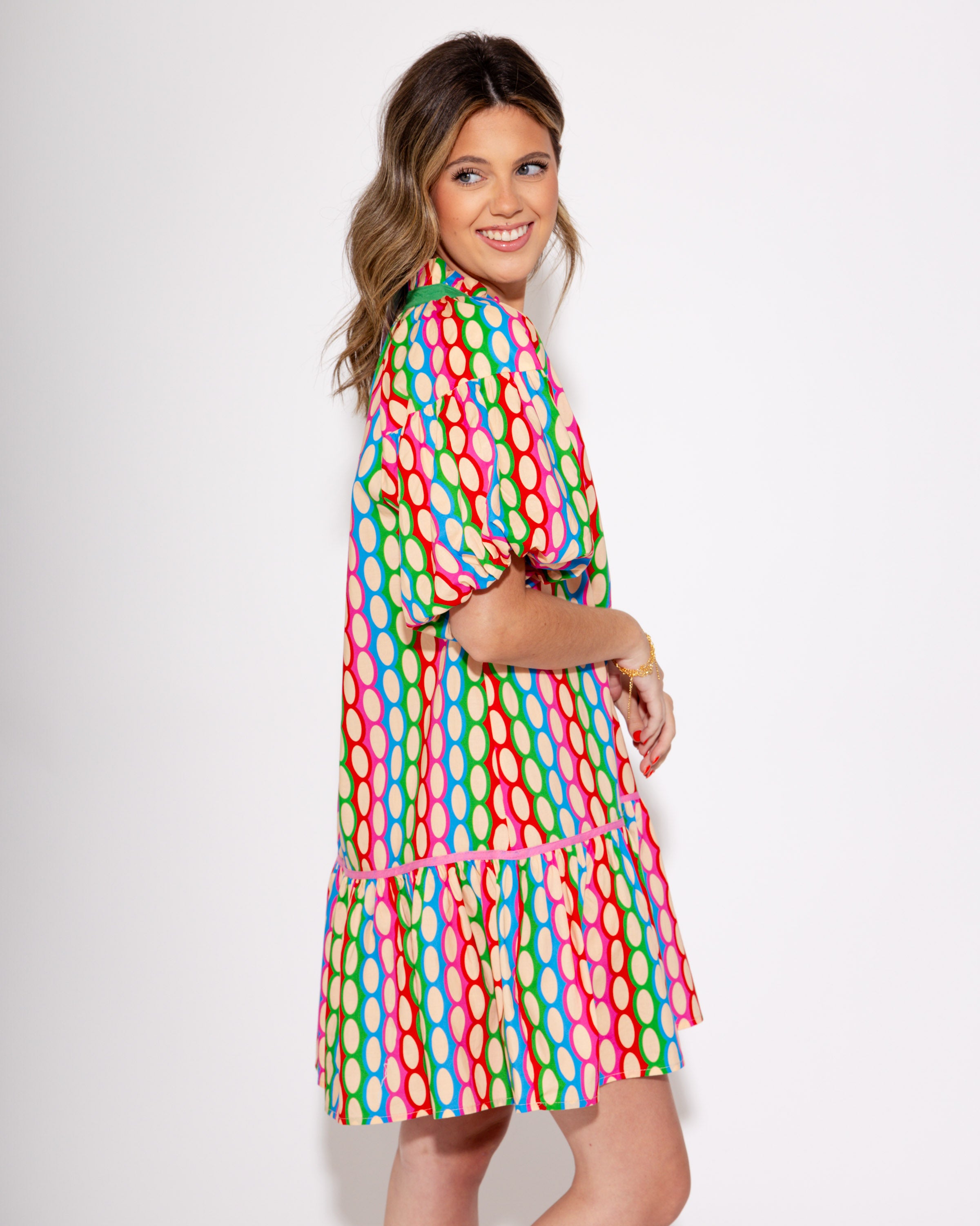 Red Frill Collared Bubble Sleeve Print Dress