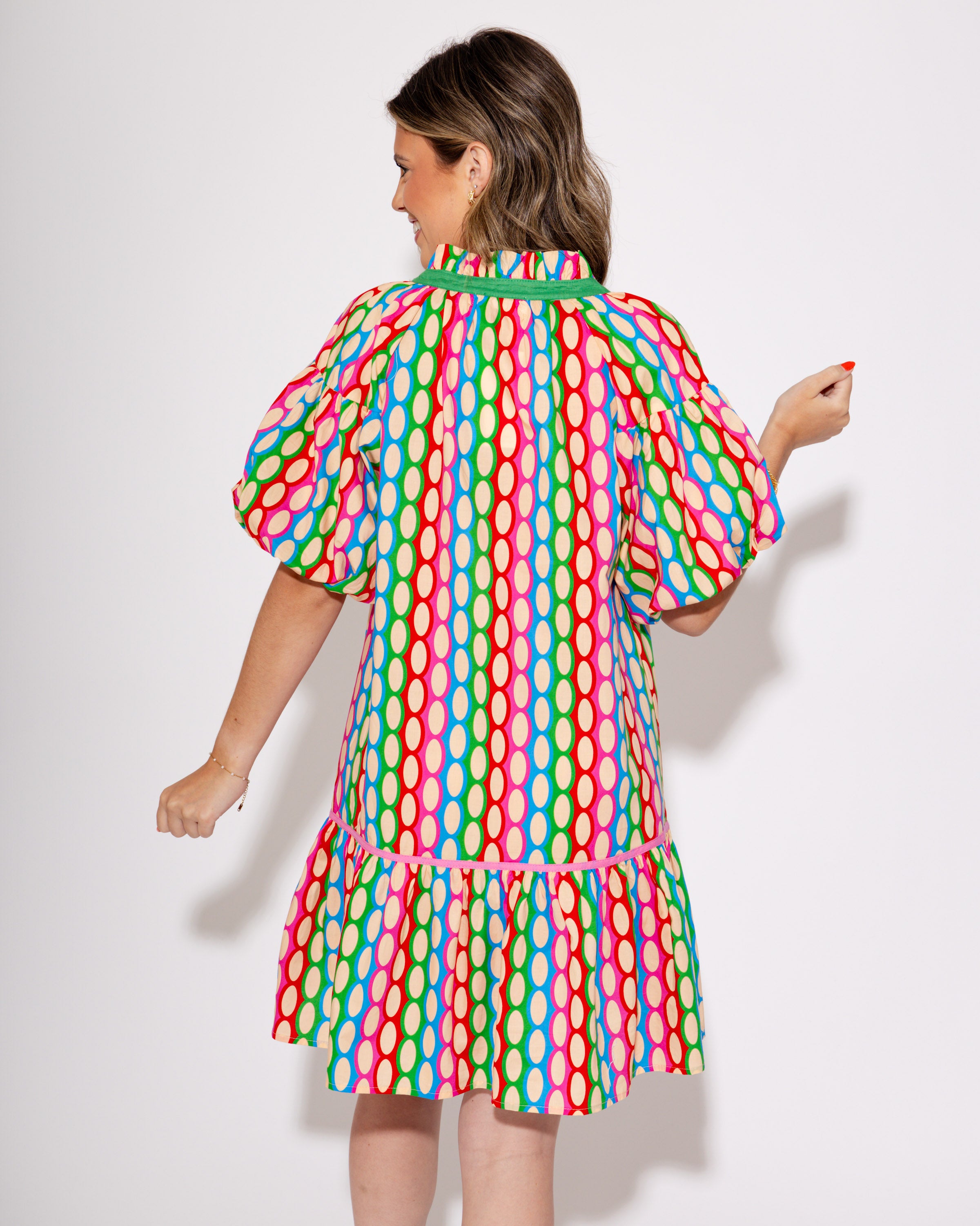 Red Frill Collared Bubble Sleeve Print Dress