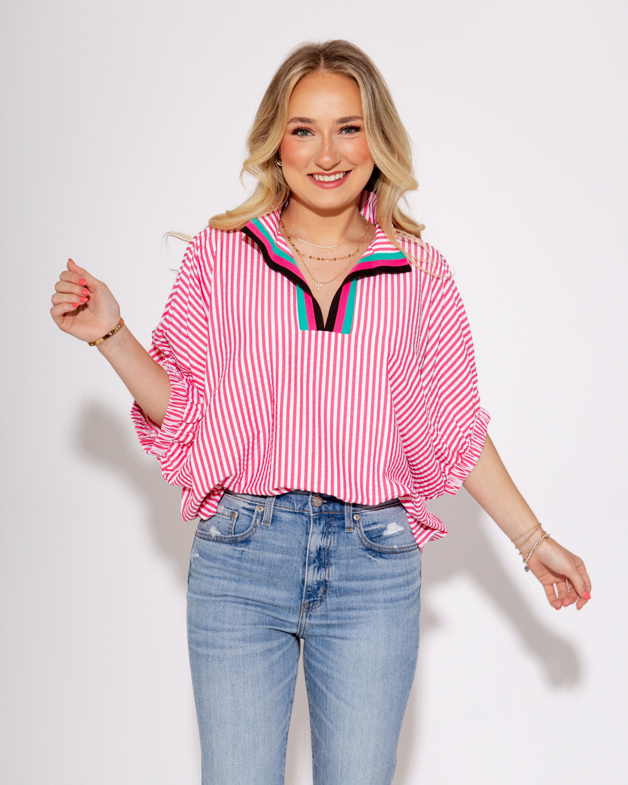 Striped Split High Neck Dolman Top in Pink