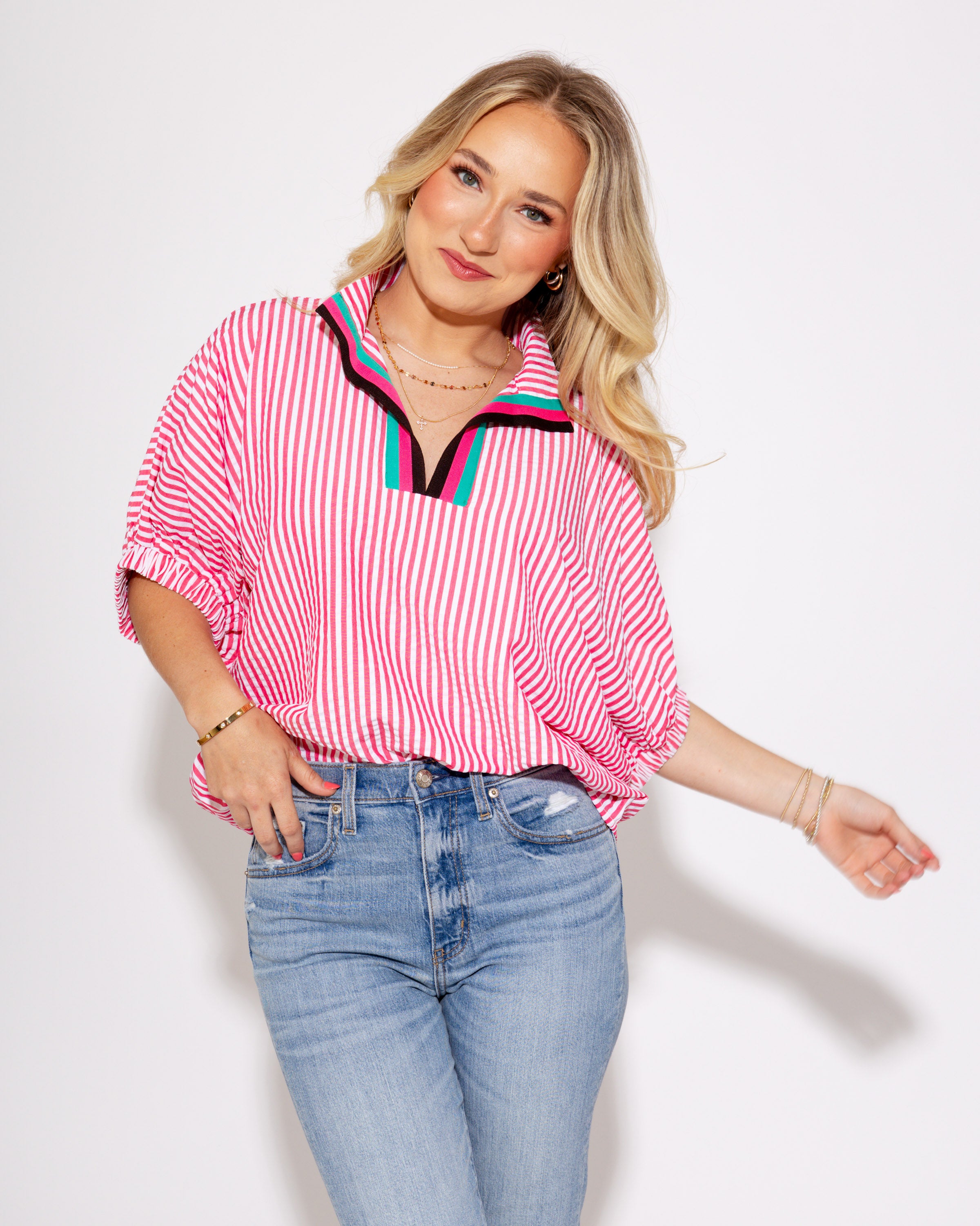 Striped Split High Neck Dolman Top in Pink