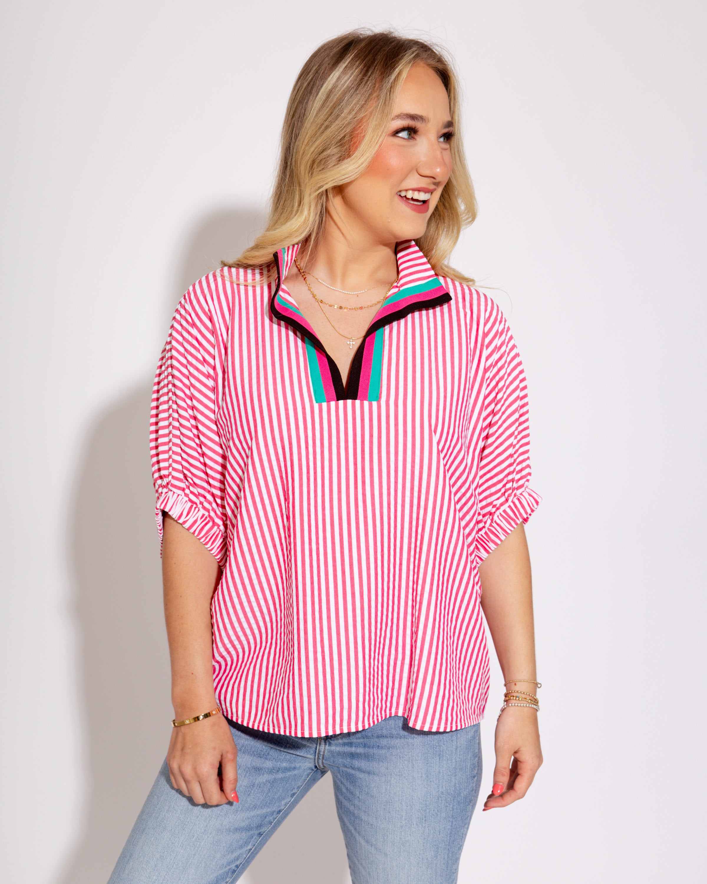 Striped Split High Neck Dolman Top in Pink