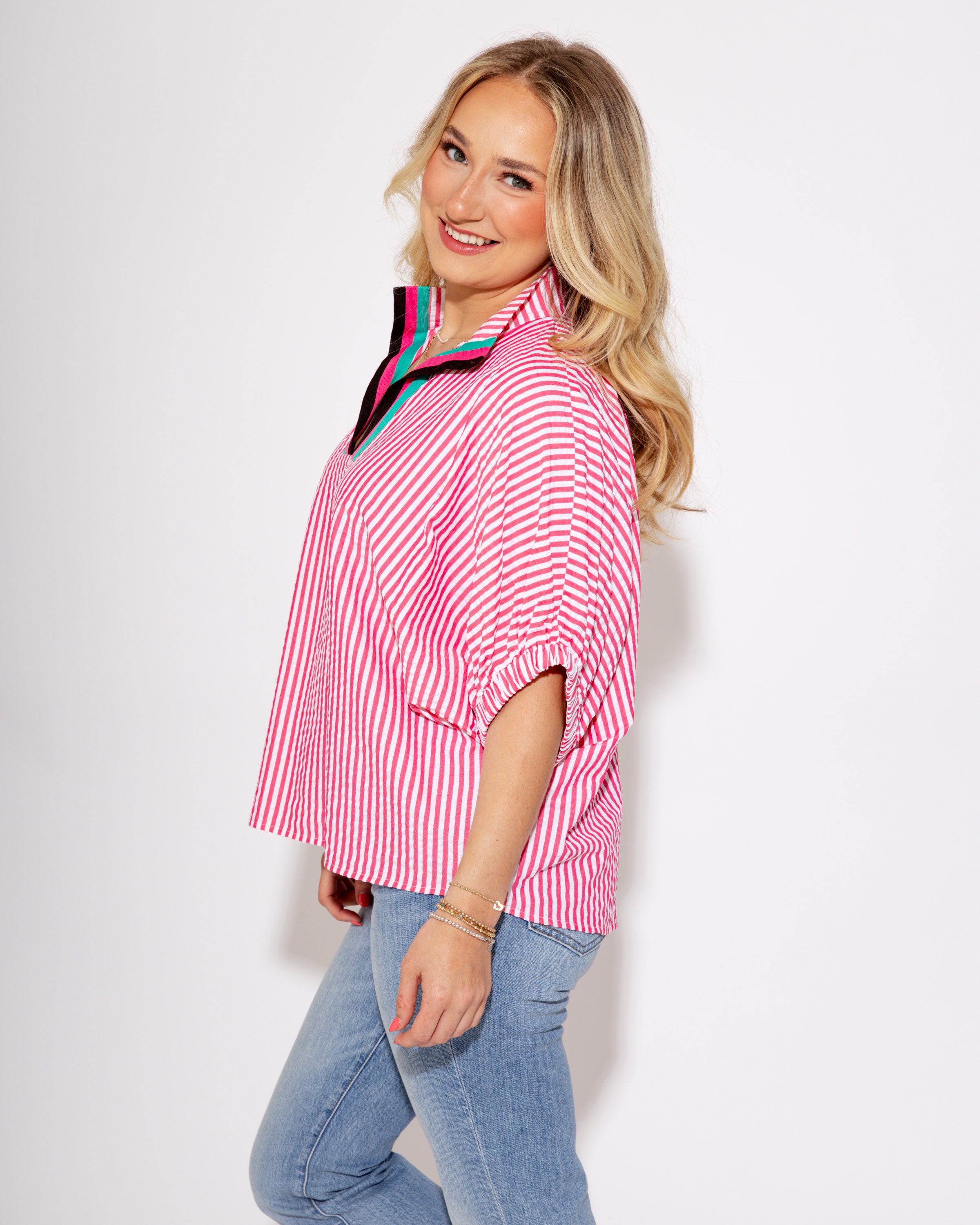 Striped Split High Neck Dolman Top in Pink