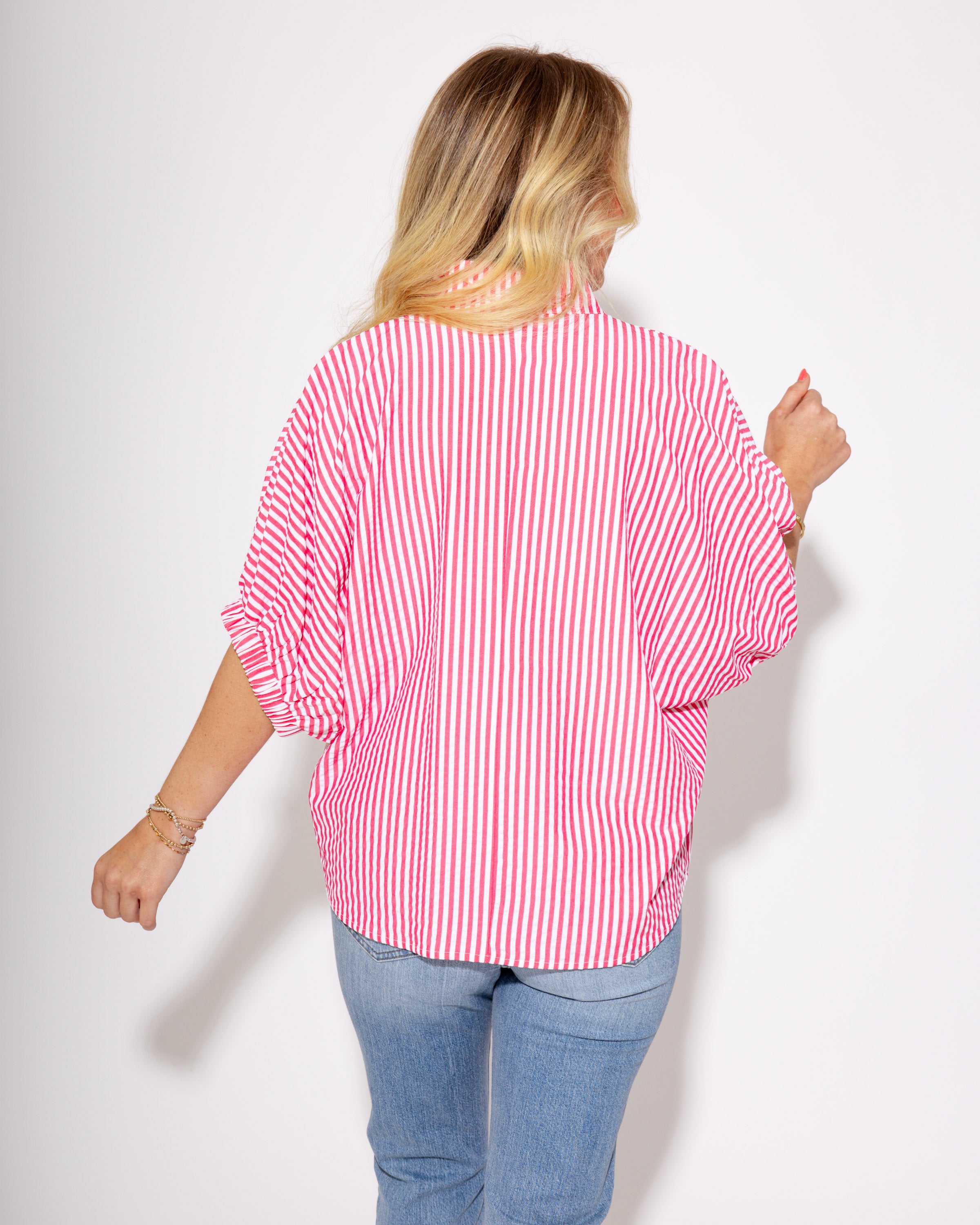 Striped Split High Neck Dolman Top in Pink
