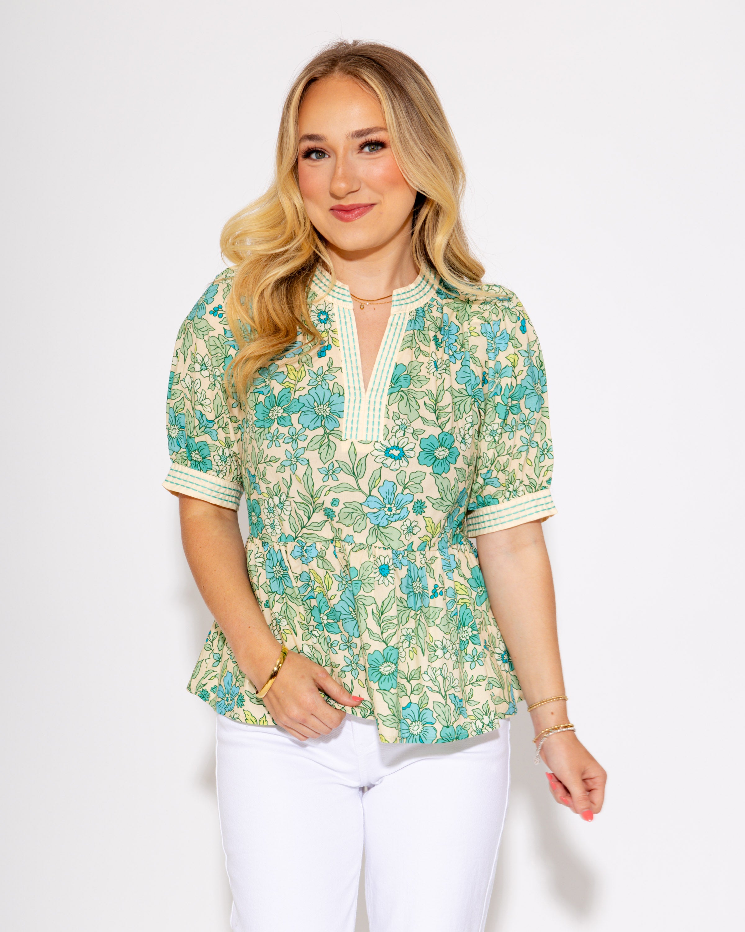 Emerald Bloom Ruffle Hem Top