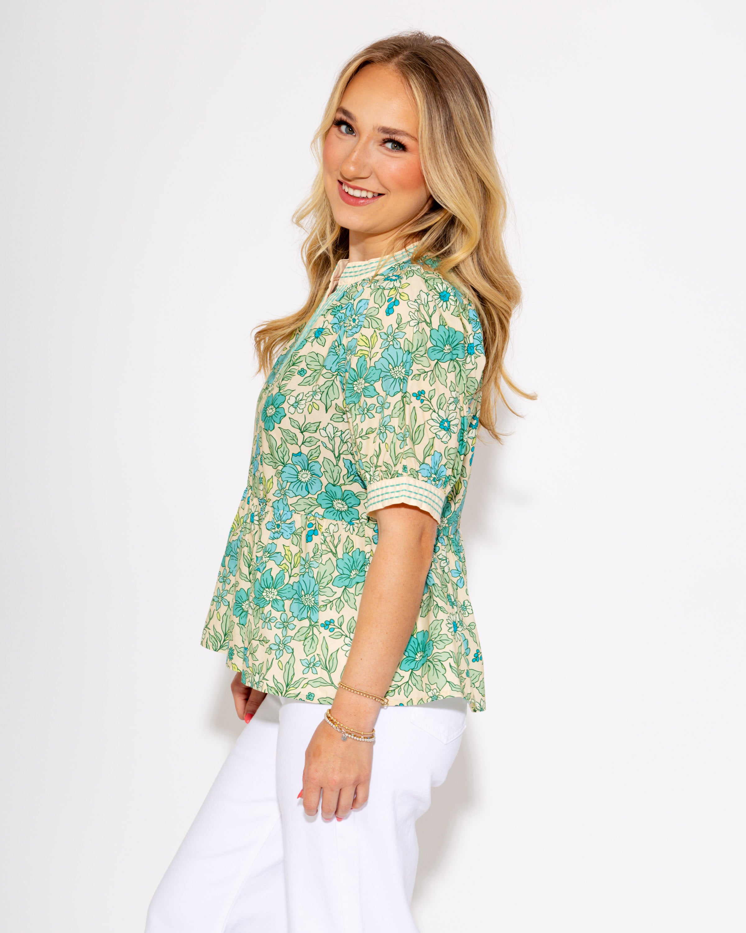 Emerald Bloom Ruffle Hem Top