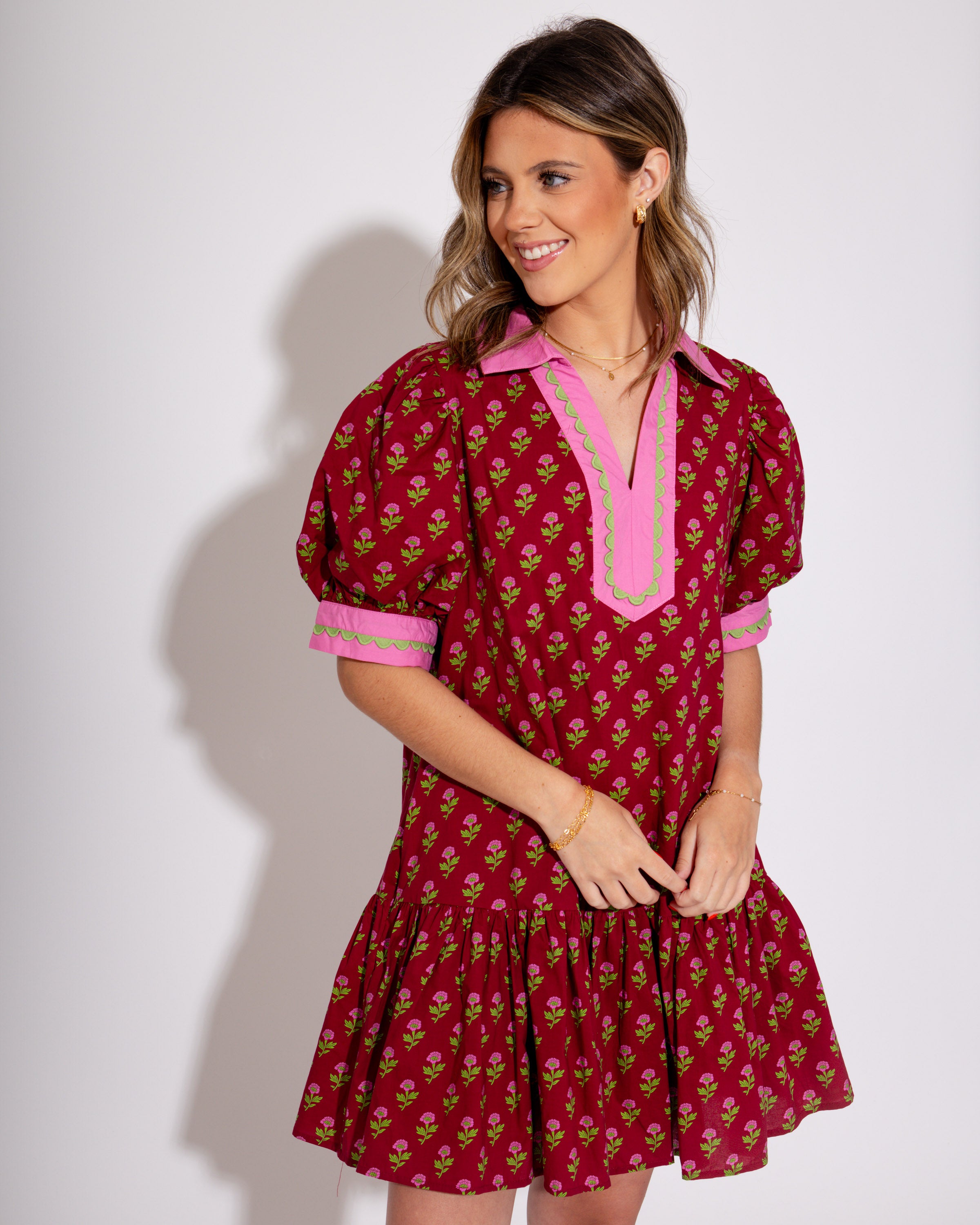 The Floral Flounce Mini Dress in Burgundy