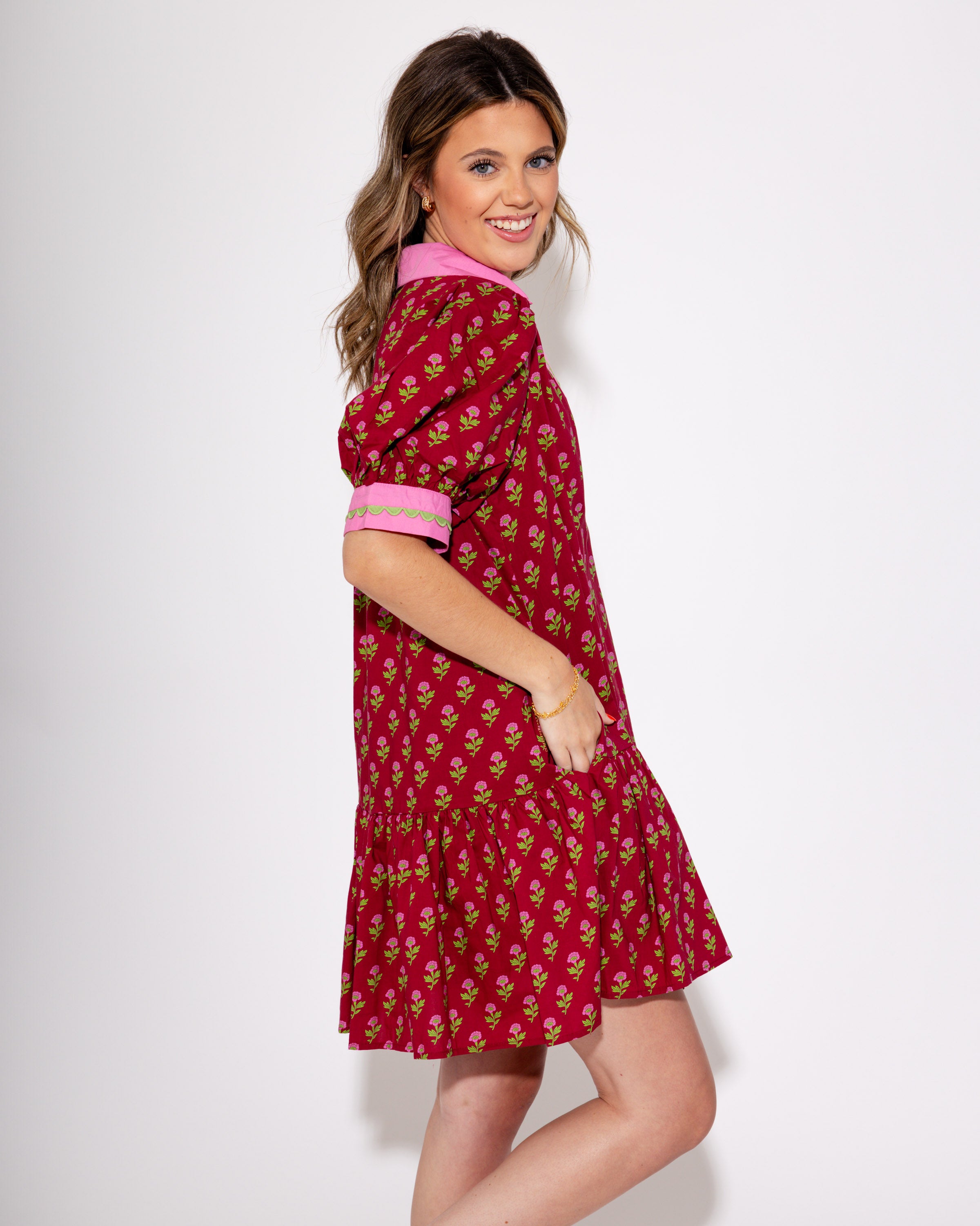 The Floral Flounce Mini Dress in Burgundy