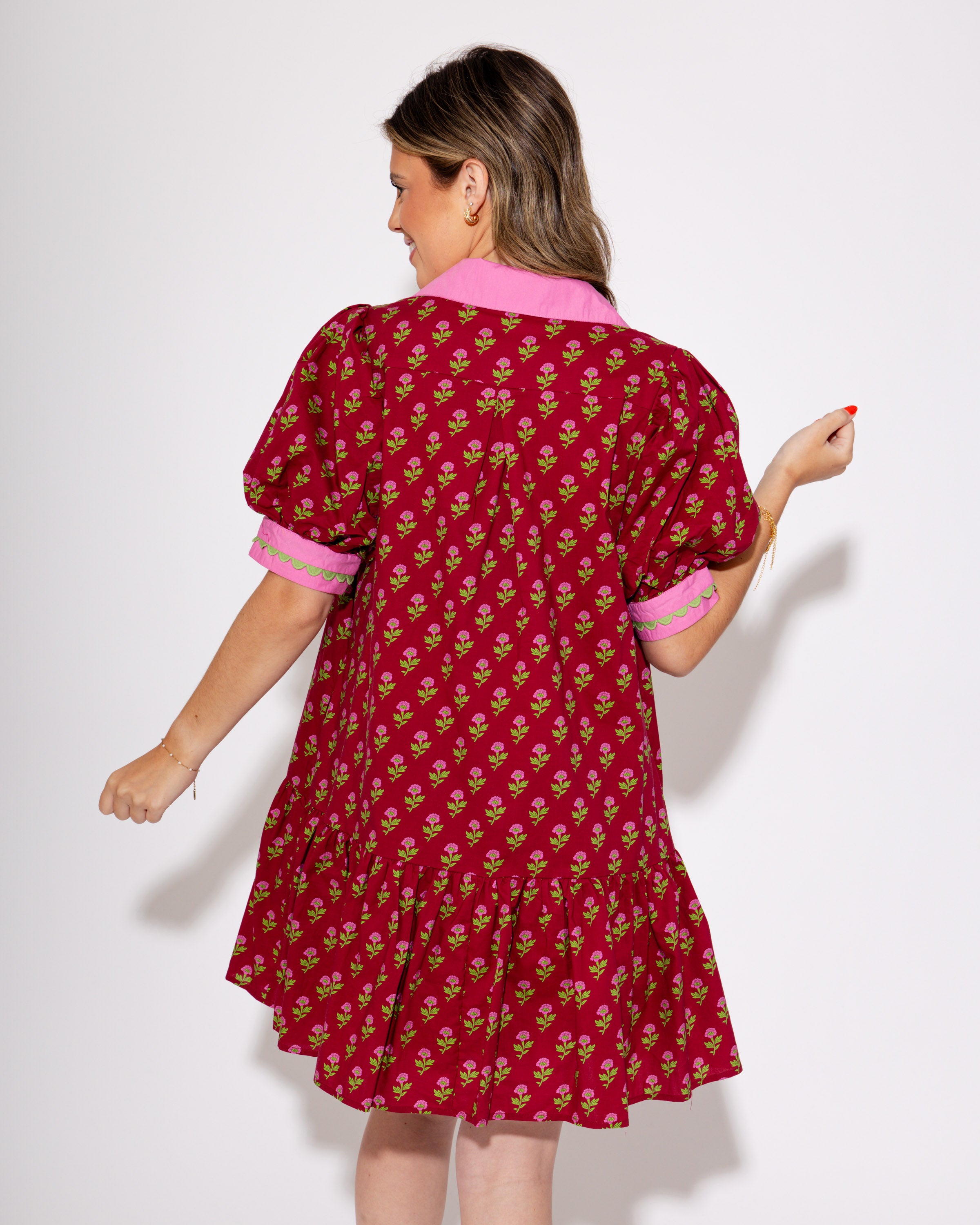 The Floral Flounce Mini Dress in Burgundy
