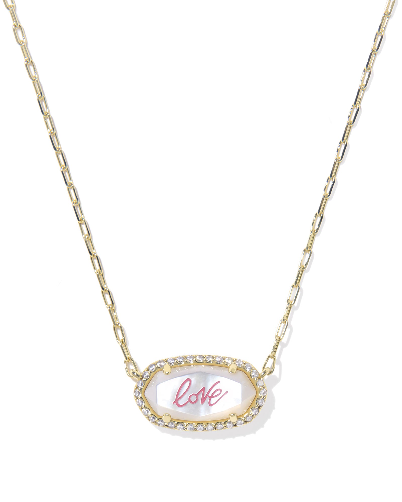 Elisa Pave Frame Short Pendant Necklace Gold Ivory MOP Love Script