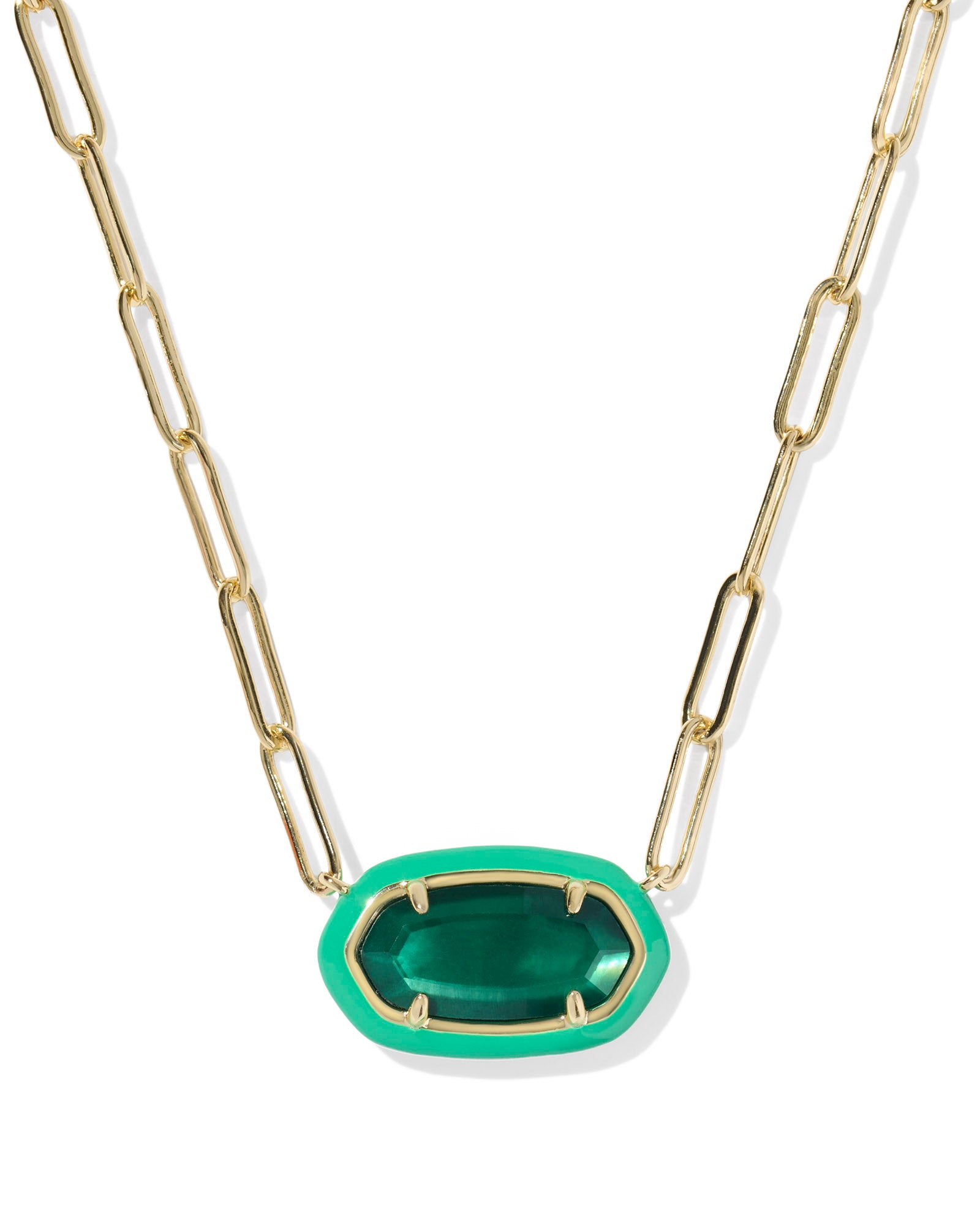 Elisa Enamel Frame Paperclip Necklace Gold Emerald Illusion