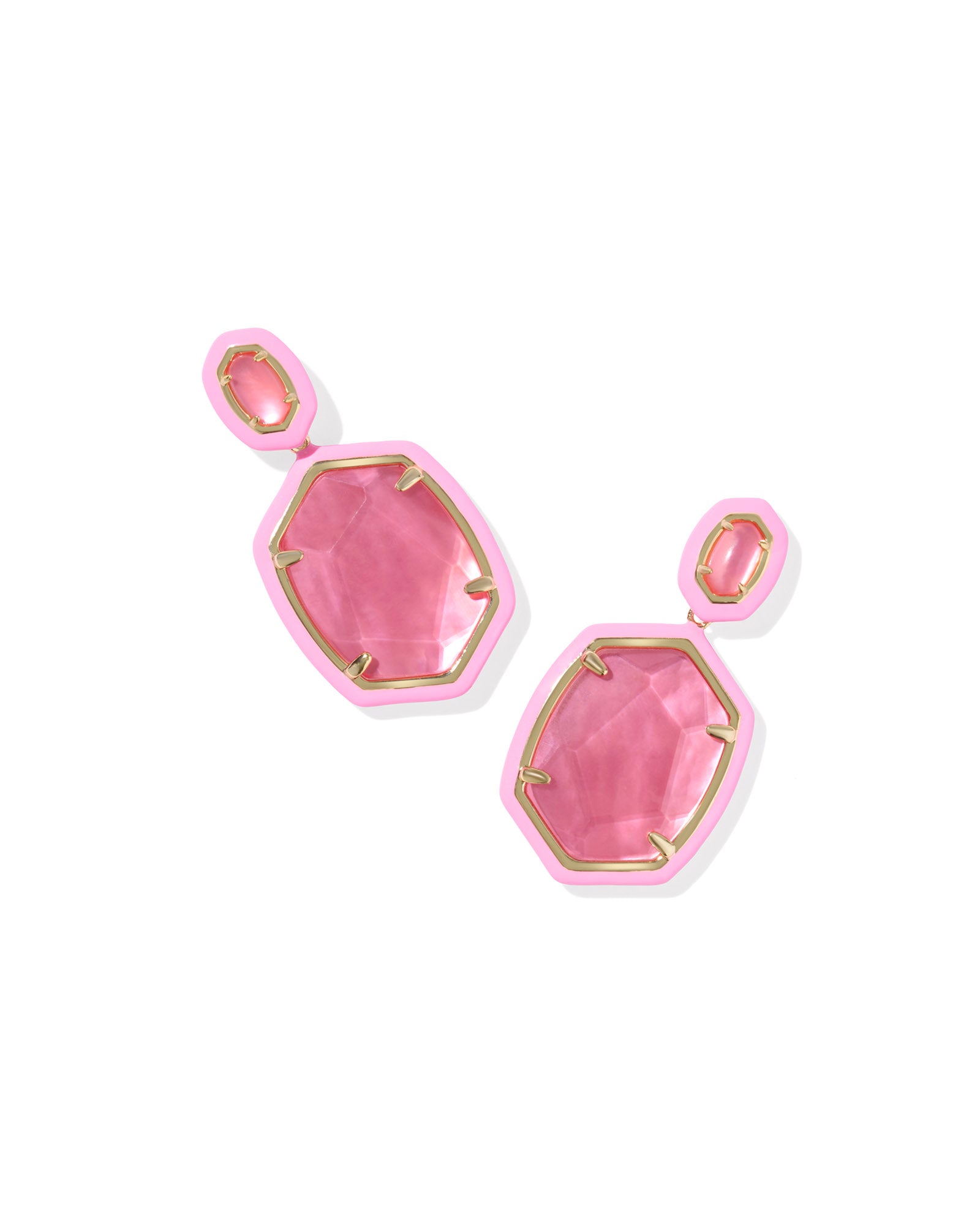 Daphne Enamel Frame Drop Earrings in Gold Bright Pink Illusion