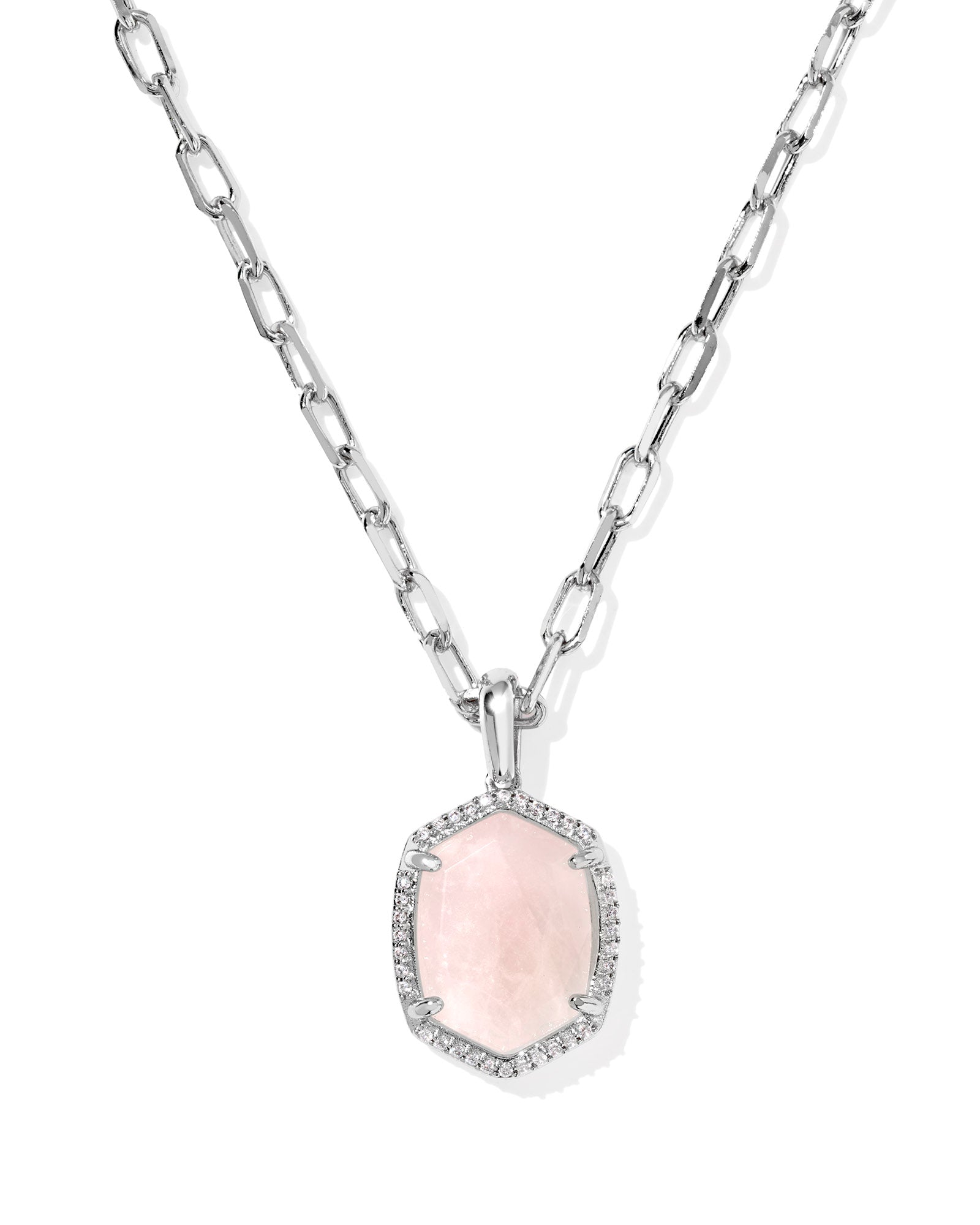 Daphne Pave Short Pendant Necklace in Silver Rose Quartz