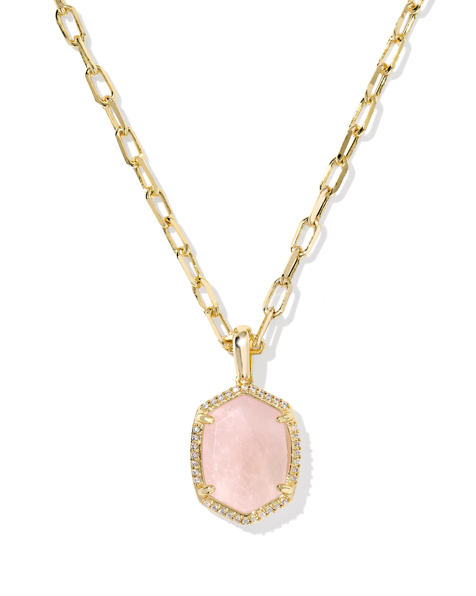Daphne Pave Short Pendant Necklace in Gold Rose Quartz