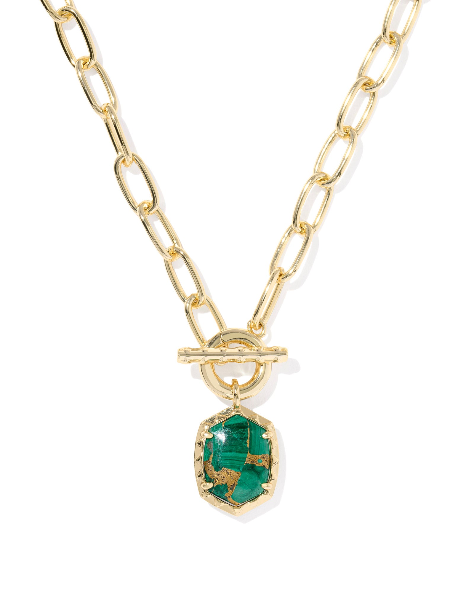 Daphne Link Chain Necklace in Gold Bronze Veined Green Malachite