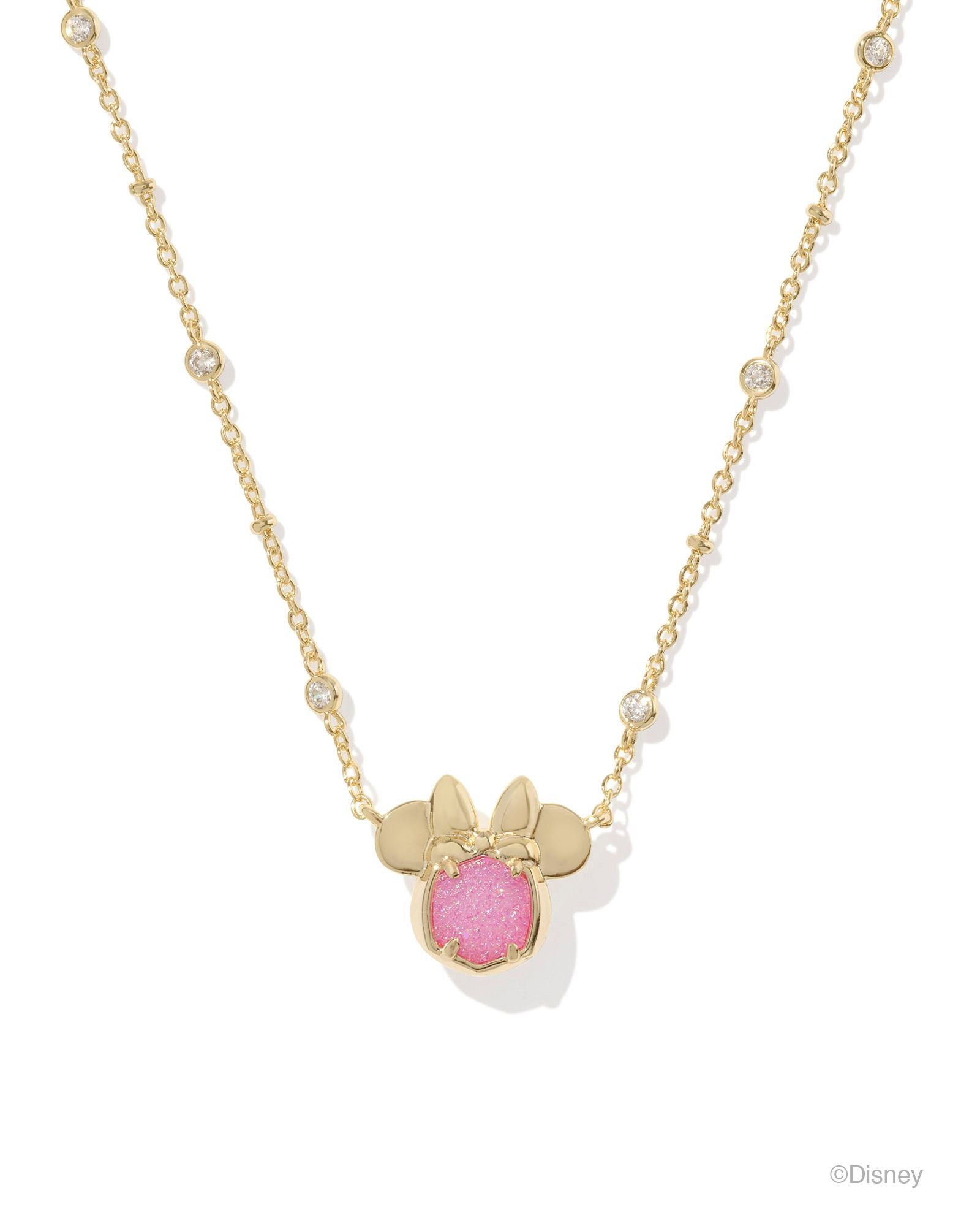 Minnie Mouse Pendant Necklace in Gold Hot Pink Drusy