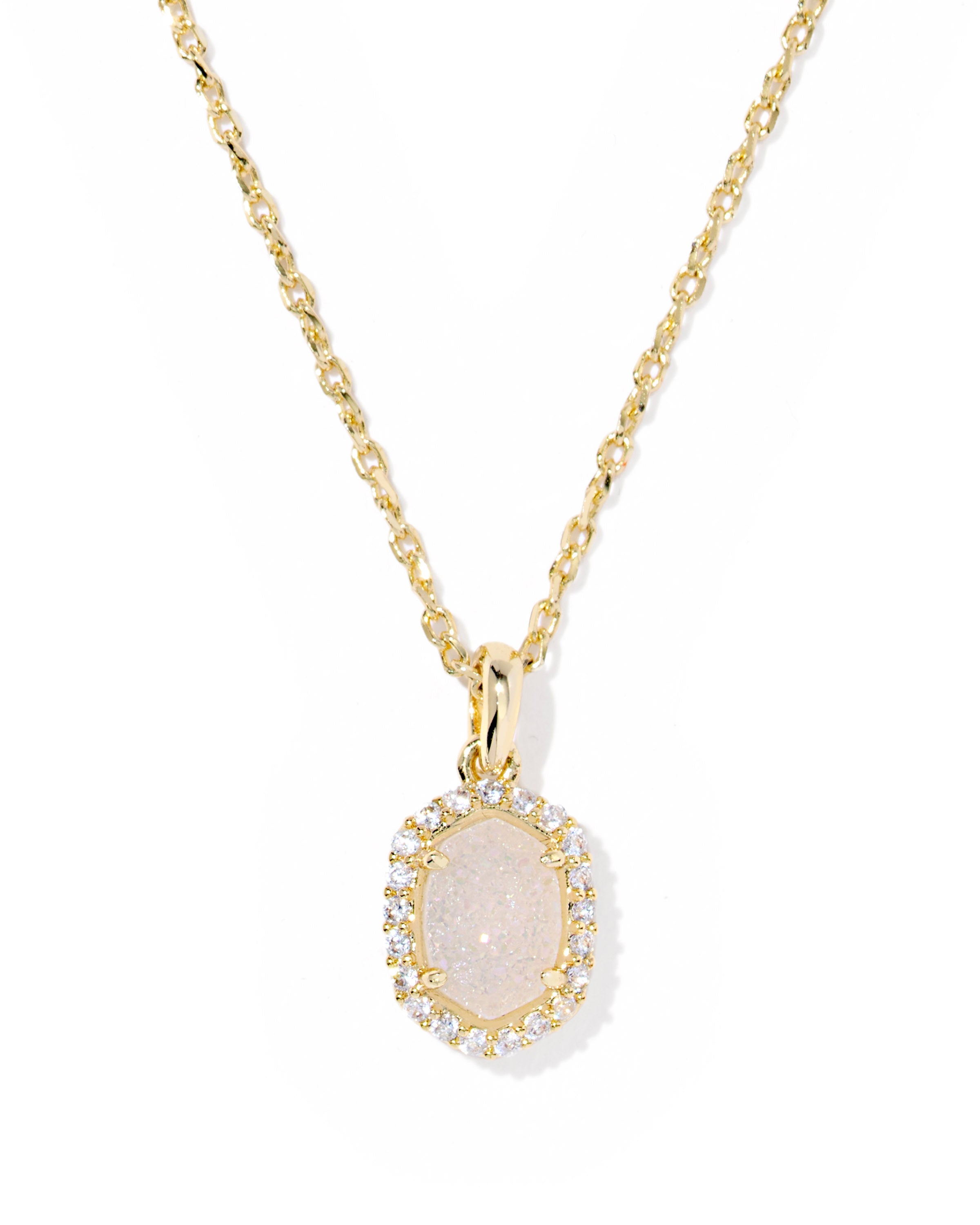 Daphne Crystal Frame Pendant Necklace in Gold Iridescent Drusy