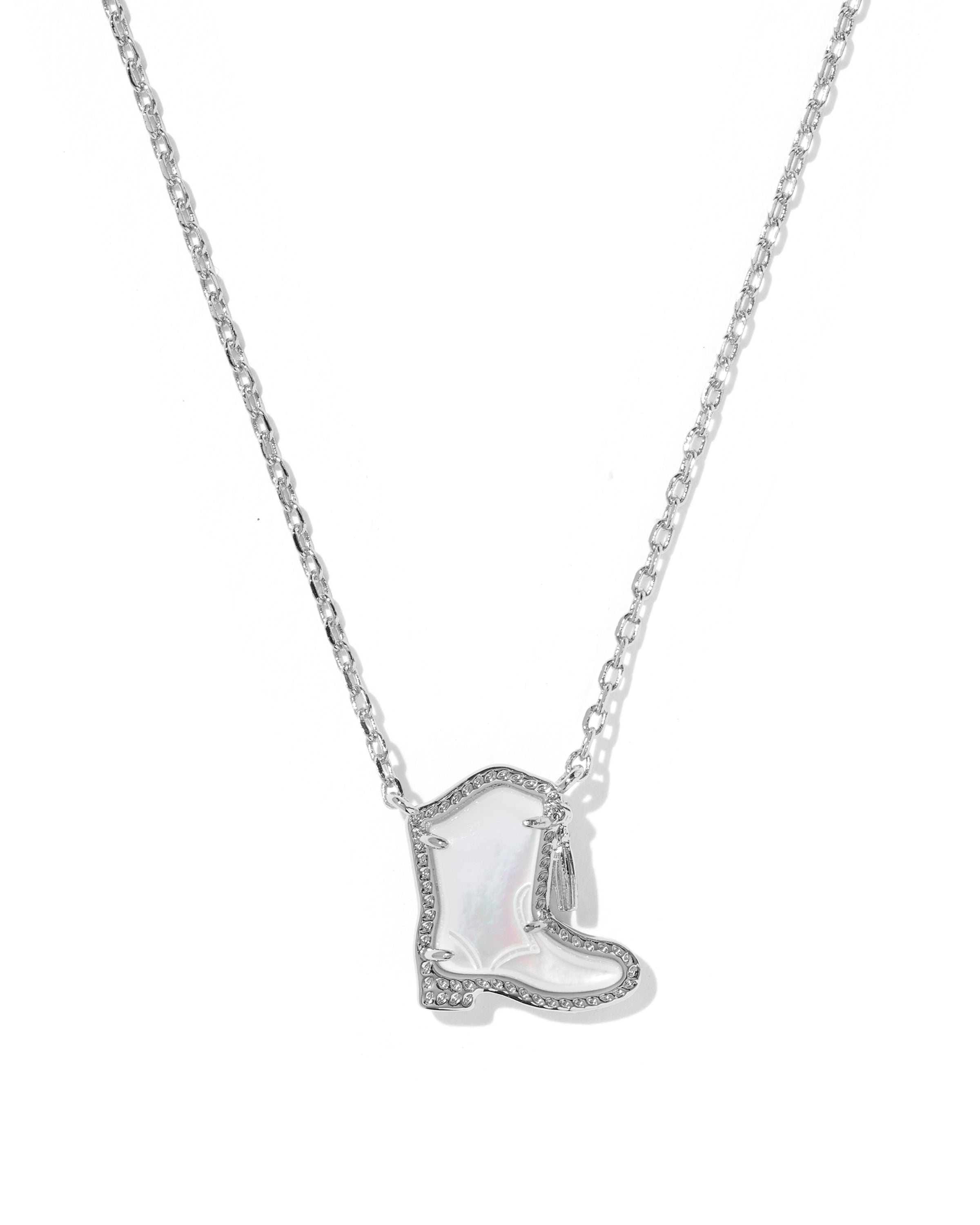 Drill Team Boot Pendant Necklace in Rhodium Ivory Mother of Pearl