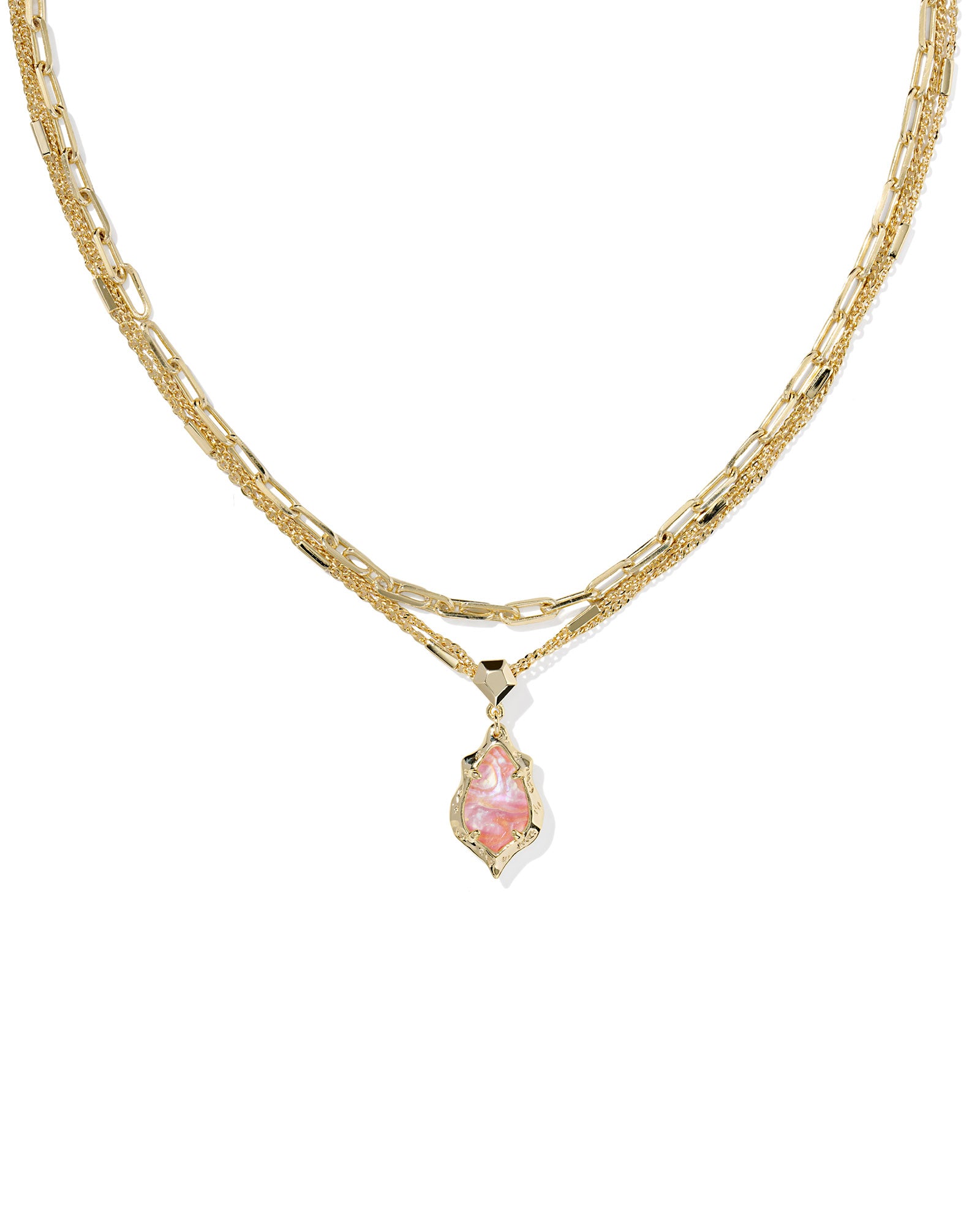 Adriana Scallop Frame Gold Multi Strand Necklace Light pink Iridescent Abalone