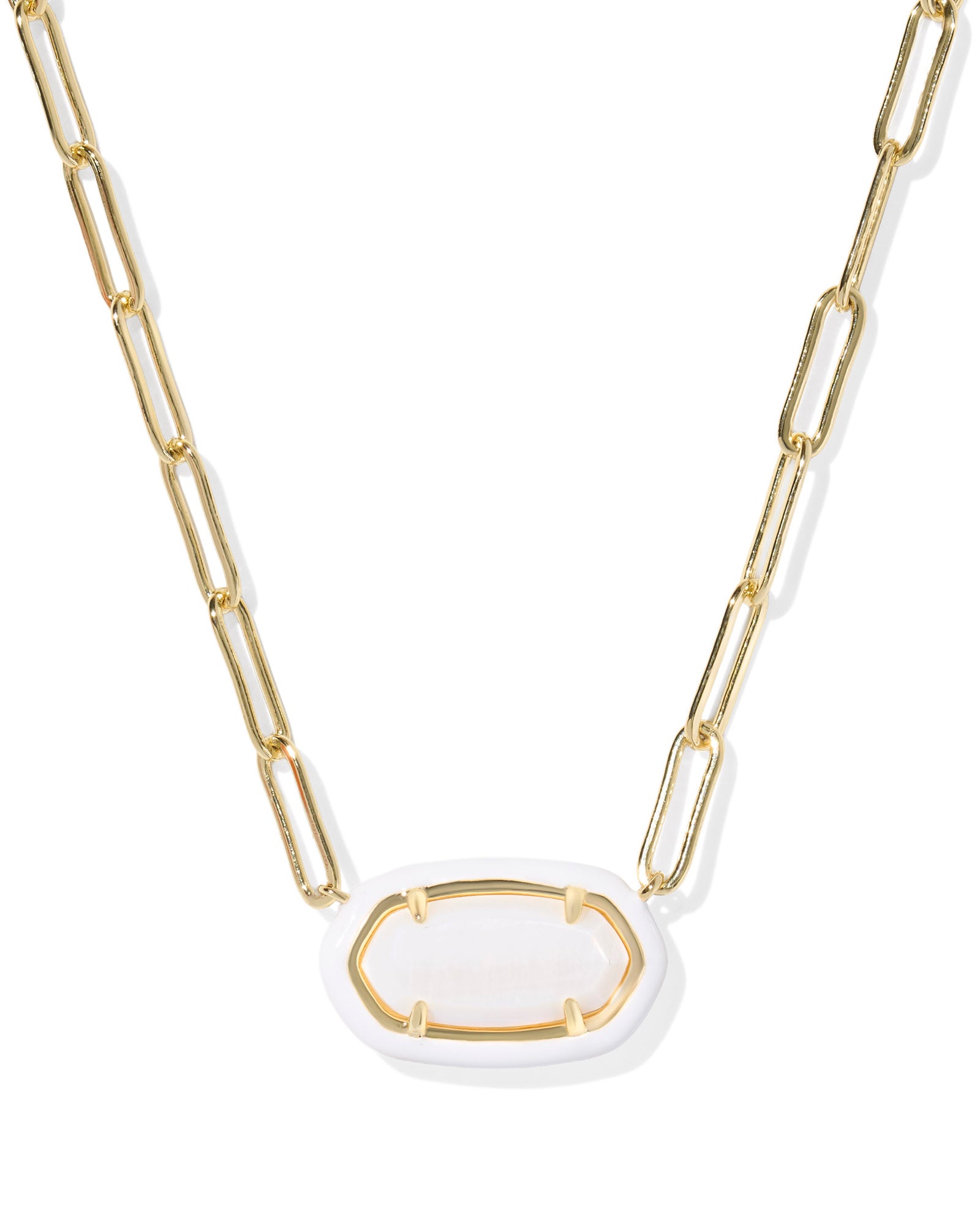Elisa Enamel Frame Paper Clip Necklace Gold White MOP