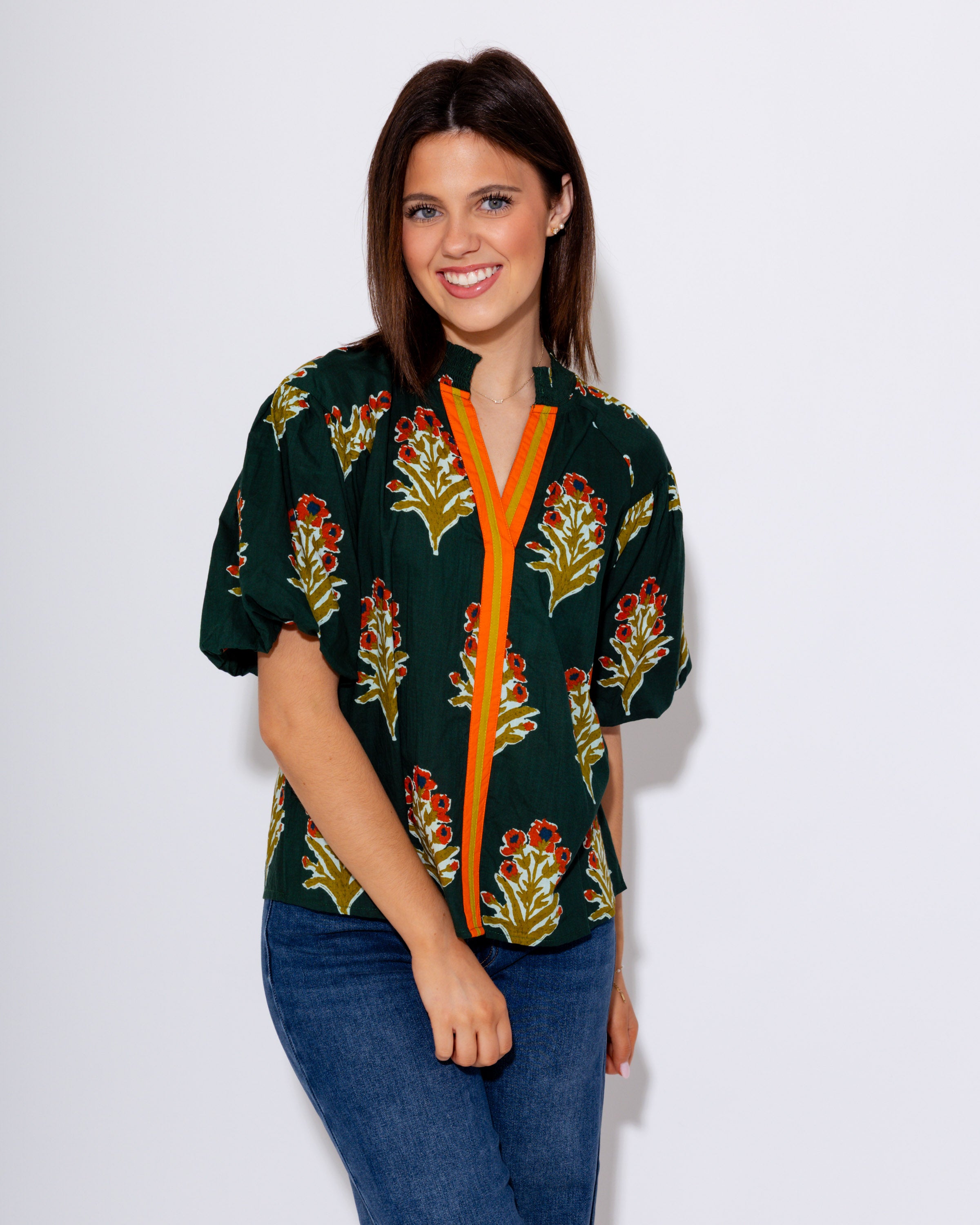 Green Puff Sleeve Floral Top