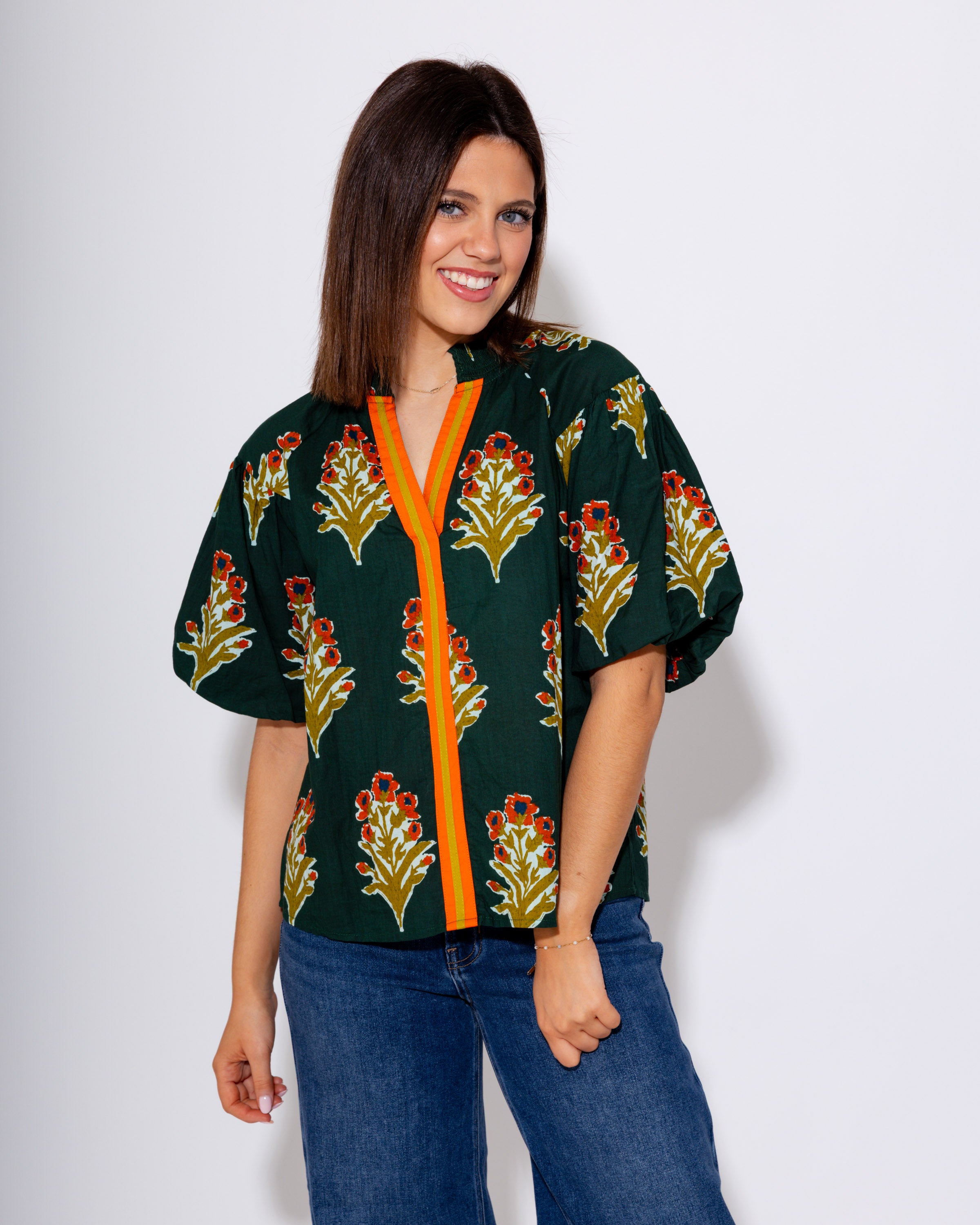 Green Puff Sleeve Floral Top